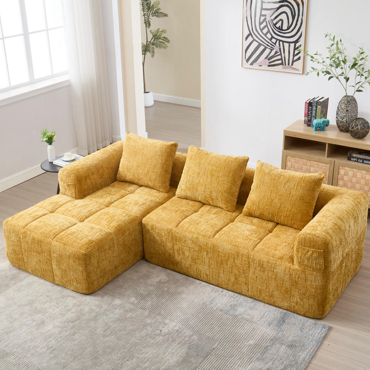 ECKSOFA 250/158/60 cm gelb aus Chenille mit Chaiselongue und Seitentaschen - Gelb, Textil (250/158cm) - OKWISH