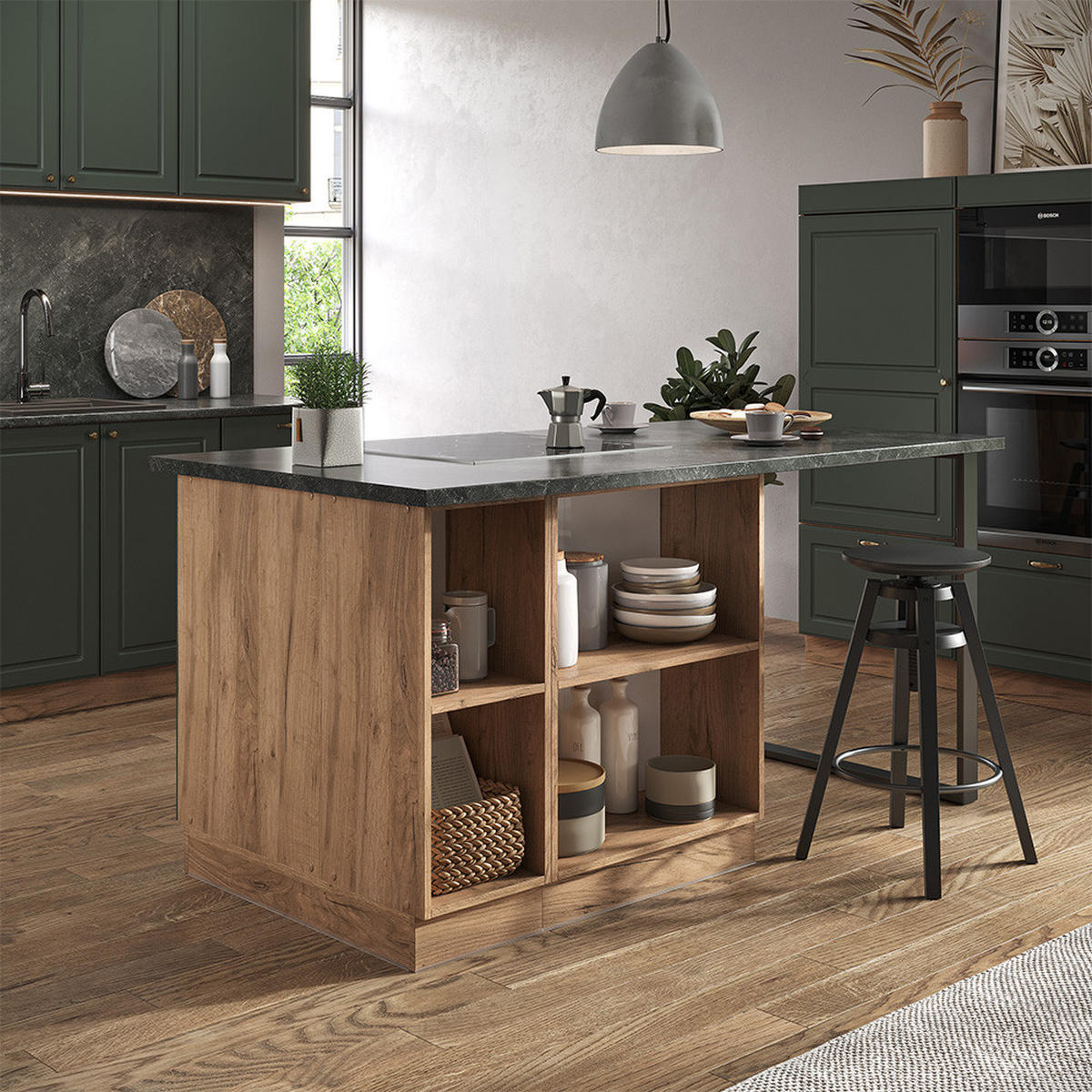 KÜCHENINSEL Fame-Line Grün-Gold Landhaus/Goldkraft Eiche 90 cm ohne AP - Honigeiche/Grün, Holzwerkstoff (90/82/60cm) - Vicco