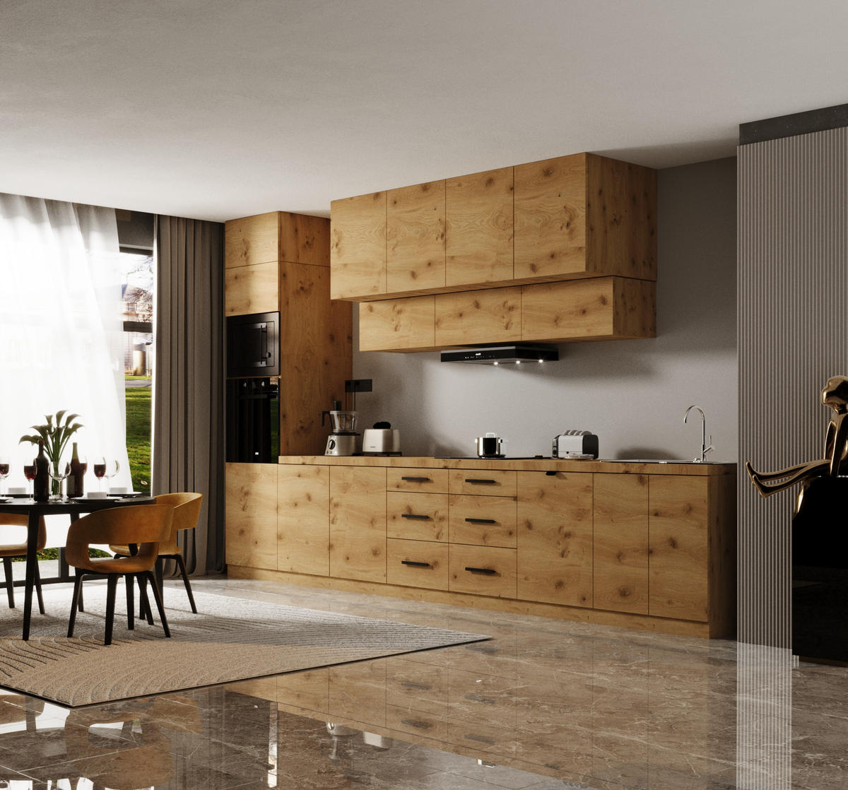 KÜCHENZEILE 440 cm - Langen KL8-M440 in Artisan Eiche - Schwarz/Eiche Artisan, Holz/Metall (440/248/58cm)