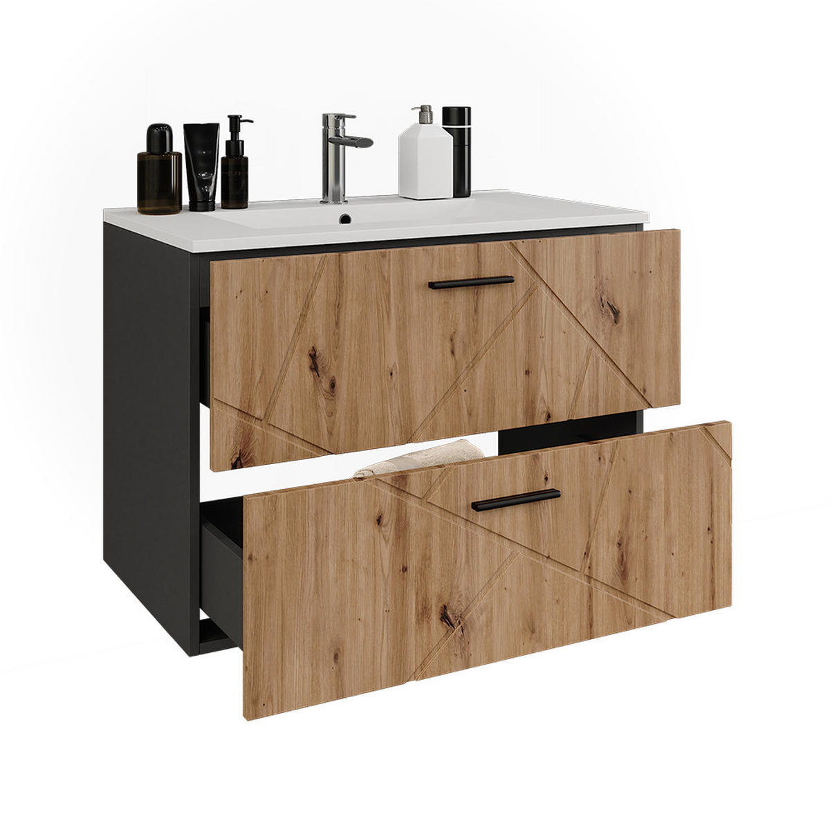 WASCHBECKENUNTERSCHRANK Irma Anthrazit/Artisan 80 x 57 cm mit 2 Schubladen - Anthrazit/Eiche Artisan, Holzwerkstoff (80/57/44.6cm) - Vicco