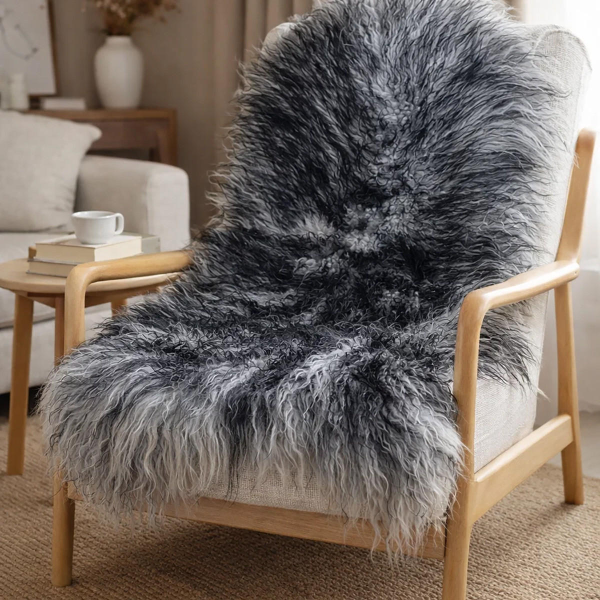 LAMMFELL Island Langhaar natur lockig weich Premium Hellgrau-Schwarz geflammt ca. 105 cm - Hellgrau/Schwarz, Fell (55/105cm) - Provellus