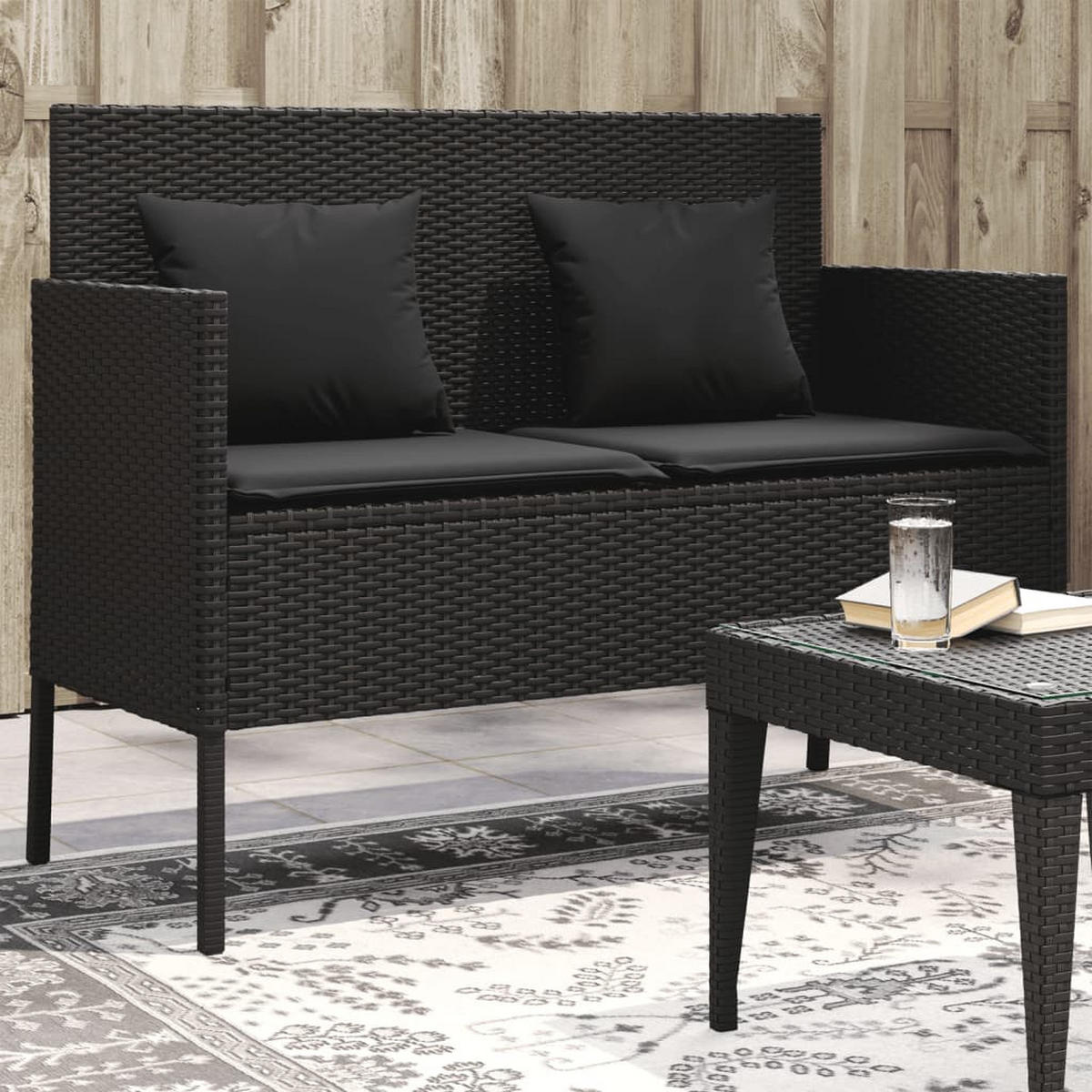 GARTENBANK mit Stauraum und Svhwarz Kissen, 113/61/87 cm, aus Poly Rattan und Stahl, Schwarz - Schwarz, Kunststoff (61/87/113cm) - vidaXL