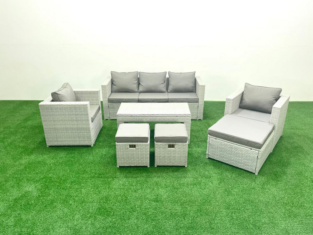 GARTENSET mit 3-SITZER SOFA,COUCHTISCH Polyrattan Hellgrau-Mix 8-Sitzer - Hellgrau/Grau, Glas/Kunststoff - Fimous