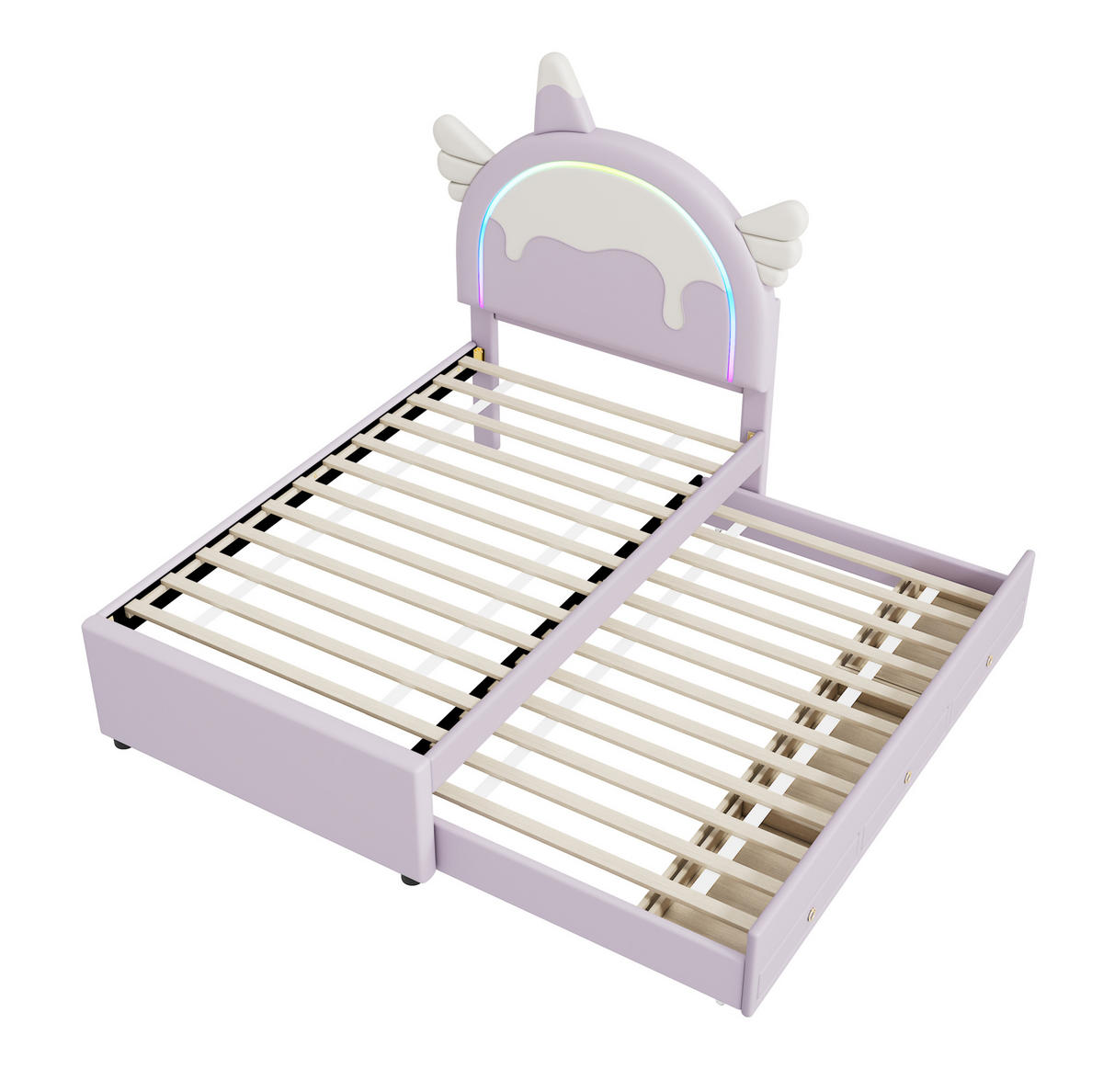 KINDERBETT aus PU 90x200 cm Violett mit ausziehbarem Rollbett und Schubladen im Einhorn-Design - Violett, Kunststoff (90/200cm) - Modfu