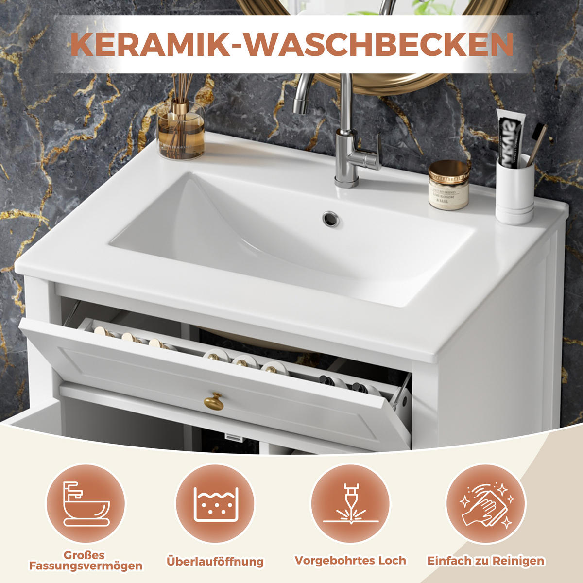 WASCHTISCHKOMBI 61/47/87 cm Weiß mit 1 Klappschublade und 2 Schubladen, ohne Wasserhahn - Goldfarben/Weiß, Holz/Holzwerkstoff (47/87/61cm) - Oxeza