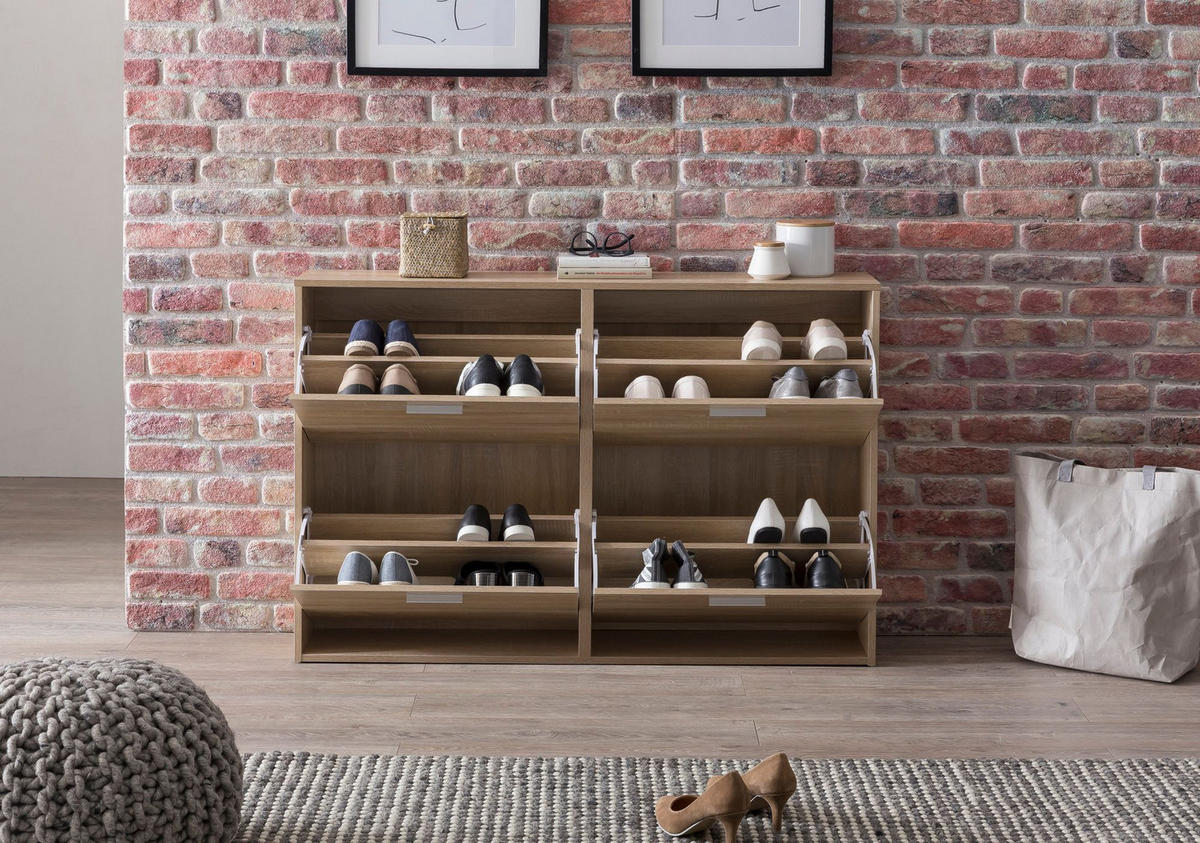 SCHUHSCHRANK Holz mit 4 Klappen und großer Ablage, Beige 120x24x81 cm - Beige, Holz/Metall (120/81/24cm) - KADIMA DESIGN