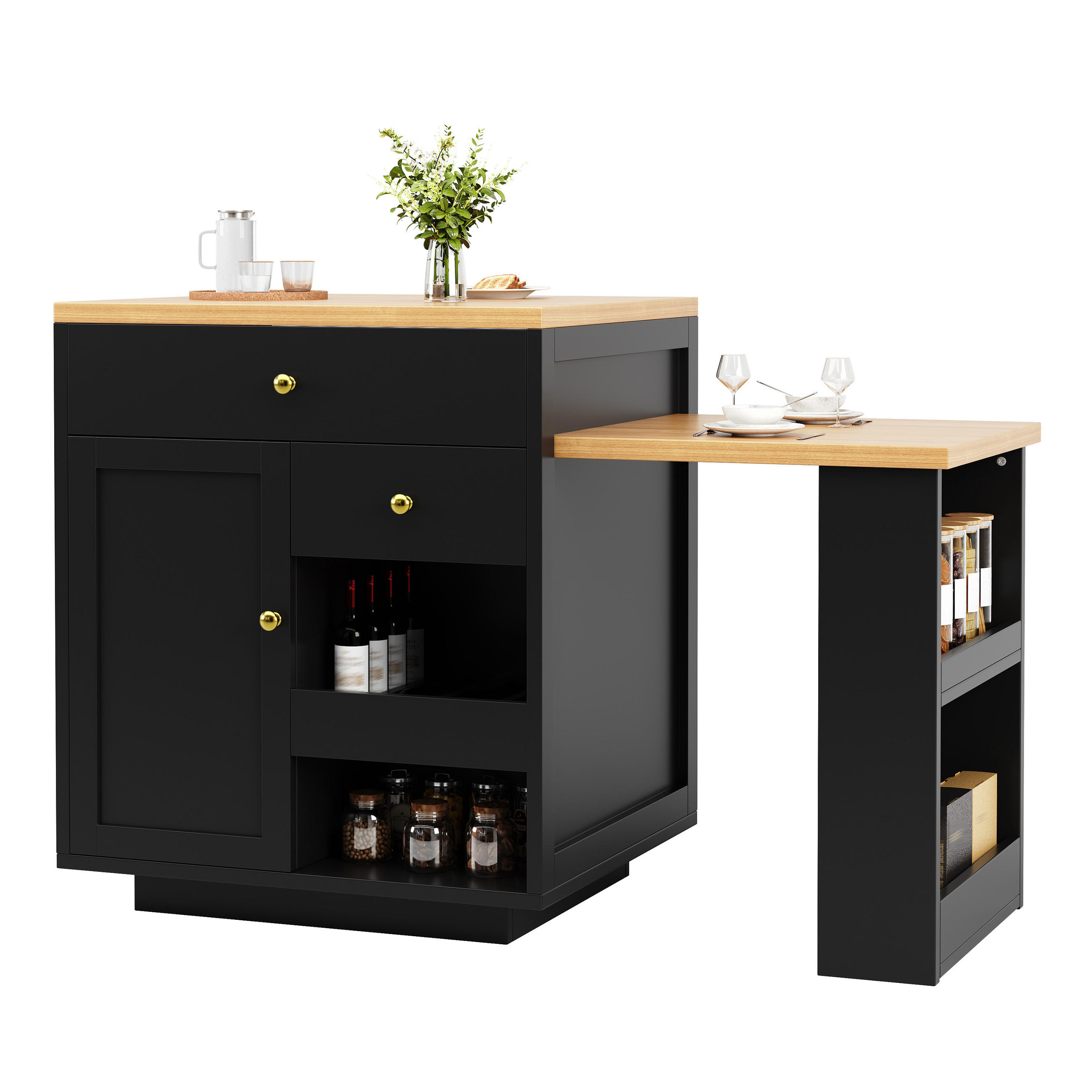 KÜCHENINSEL Ausziehbar 122 195cm Tischplatte Weiß Schwarz - Schwarz, Holzwerkstoff (122.5/93.8/70cm) - FLIEKS
