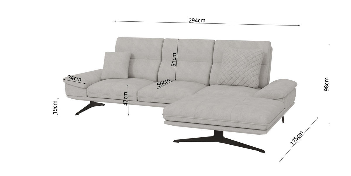 ECKSOFA Loris Grau Samt - Ottomane rechts - Schwarz/Grau, Holz/Textil (294/175cm) - S-Style Möbel