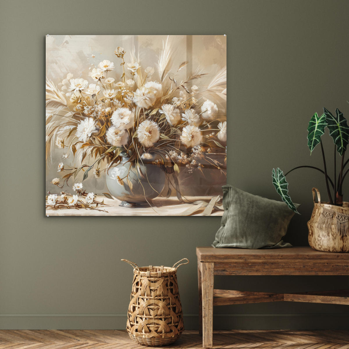 ACRYLGLASBILD Blumen - Vase - Stilleben - Beige 90x90 cm - Creme, Glas (90/90cm) - MuchoWow