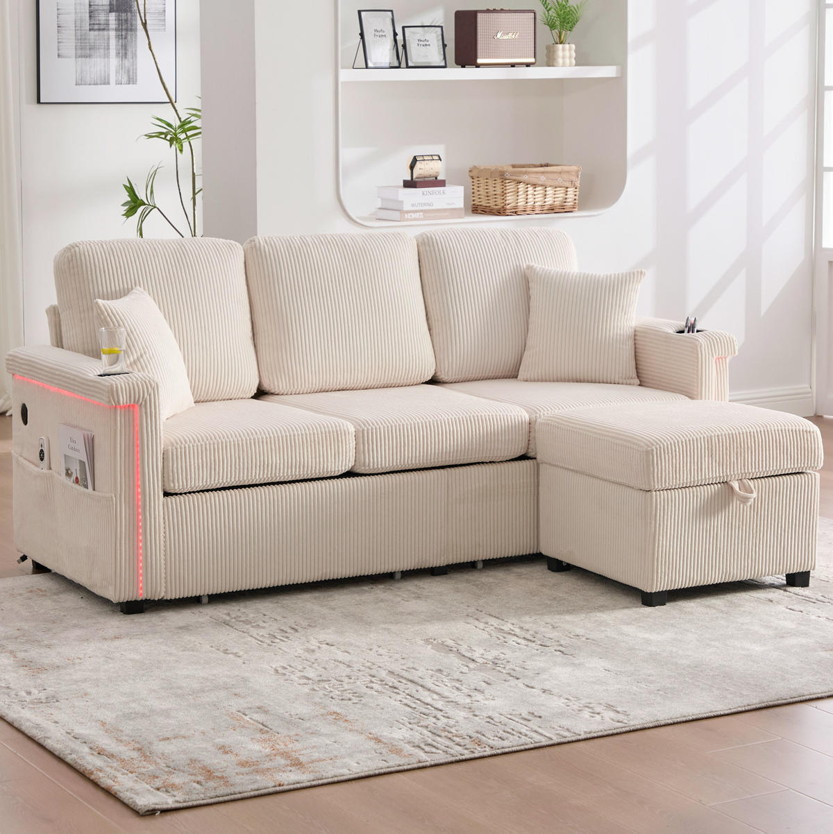 ECKSOFA aus Cord 194x73x81 cm Beige mit LED-Beleuchtung, USB-C-Anschluss, Seitentaschen und 2 Schubladen - Beige, Textil (194/73cm) - Modfu