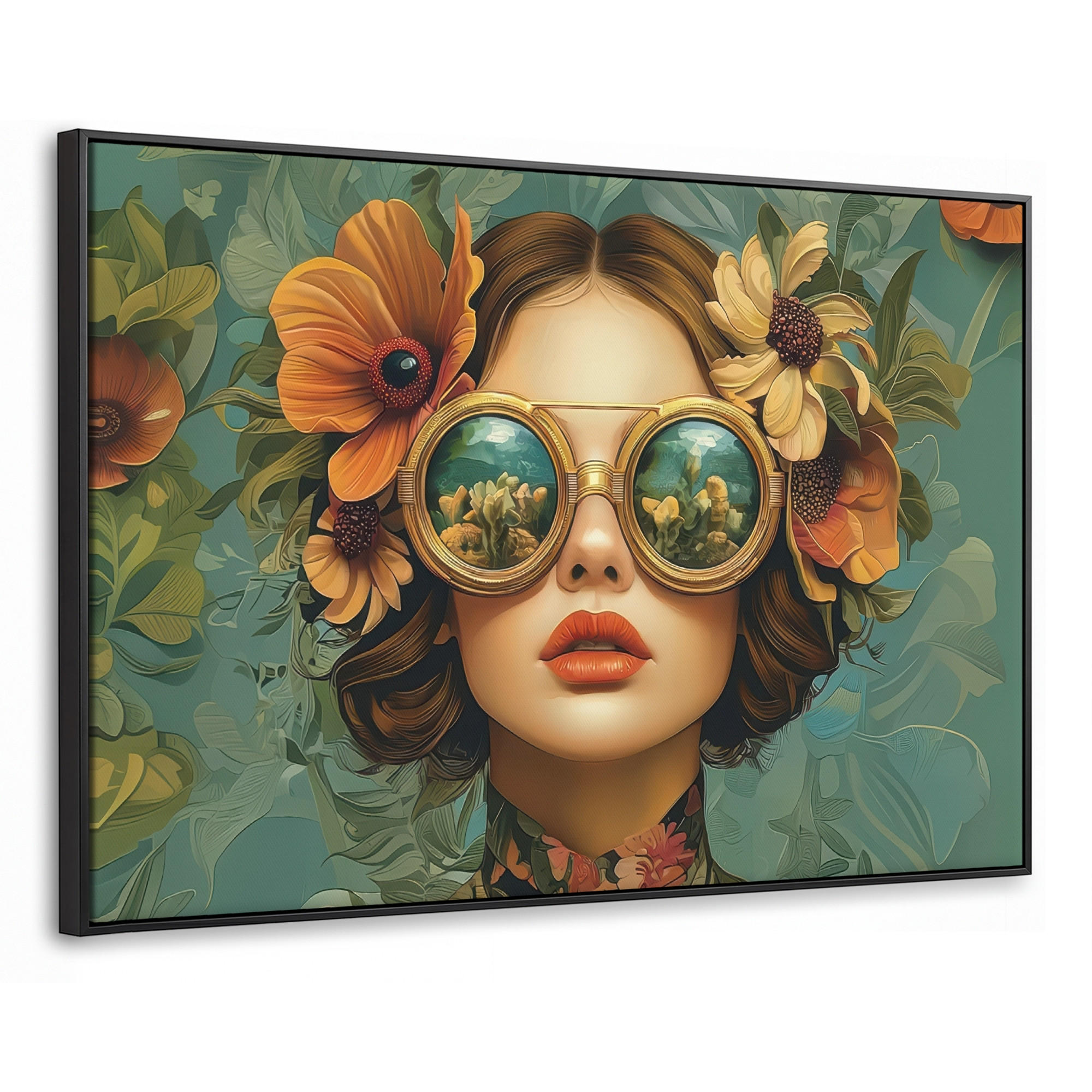 LEINWAND Bilder mit Rahmen - Frau - Blumen - Schmetterlinge - Natur - Vintage - 120x80 - Salbeigrün, Textil (120/80cm) - MuchoWow
