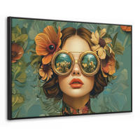 LEINWAND Bilder mit Rahmen - Frau - Blumen - Schmetterlinge - Natur - Vintage - 120x80 - Salbeigrün, Textil (120/80cm) - MuchoWow