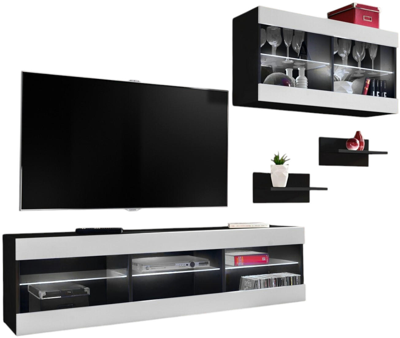 WOHNWAND 4-er Set, TIVOLI SET3 Schwarz + Weiß, Offener Raum - Schwarz/Weiß, Glas/Holzwerkstoff (240/195/35cm) - Komodee