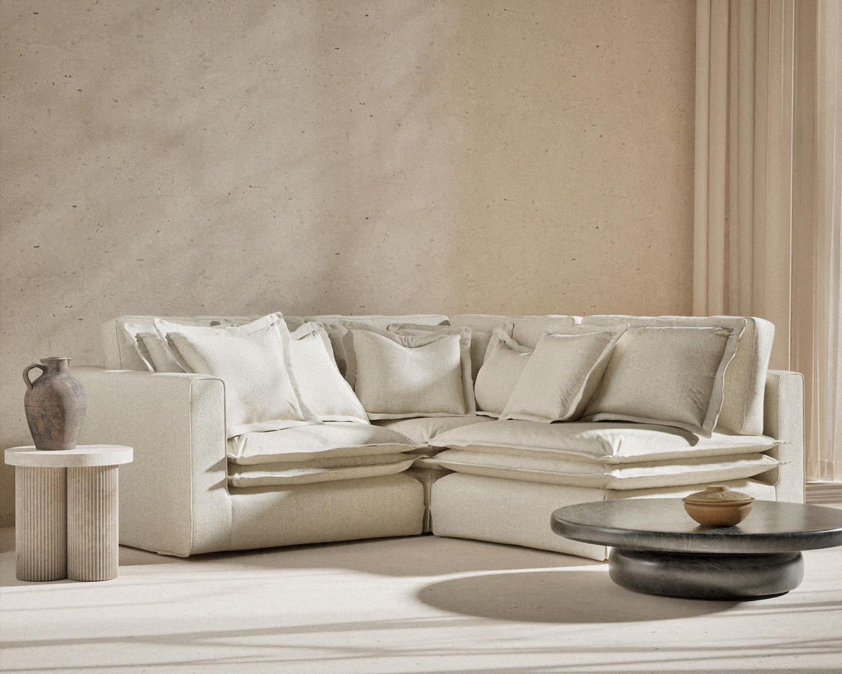 ECKSOFA Amalfi Creme Webstoff - Creme/Schwarz, Holz/Holzwerkstoff (238/222cm) - Maison de Reve