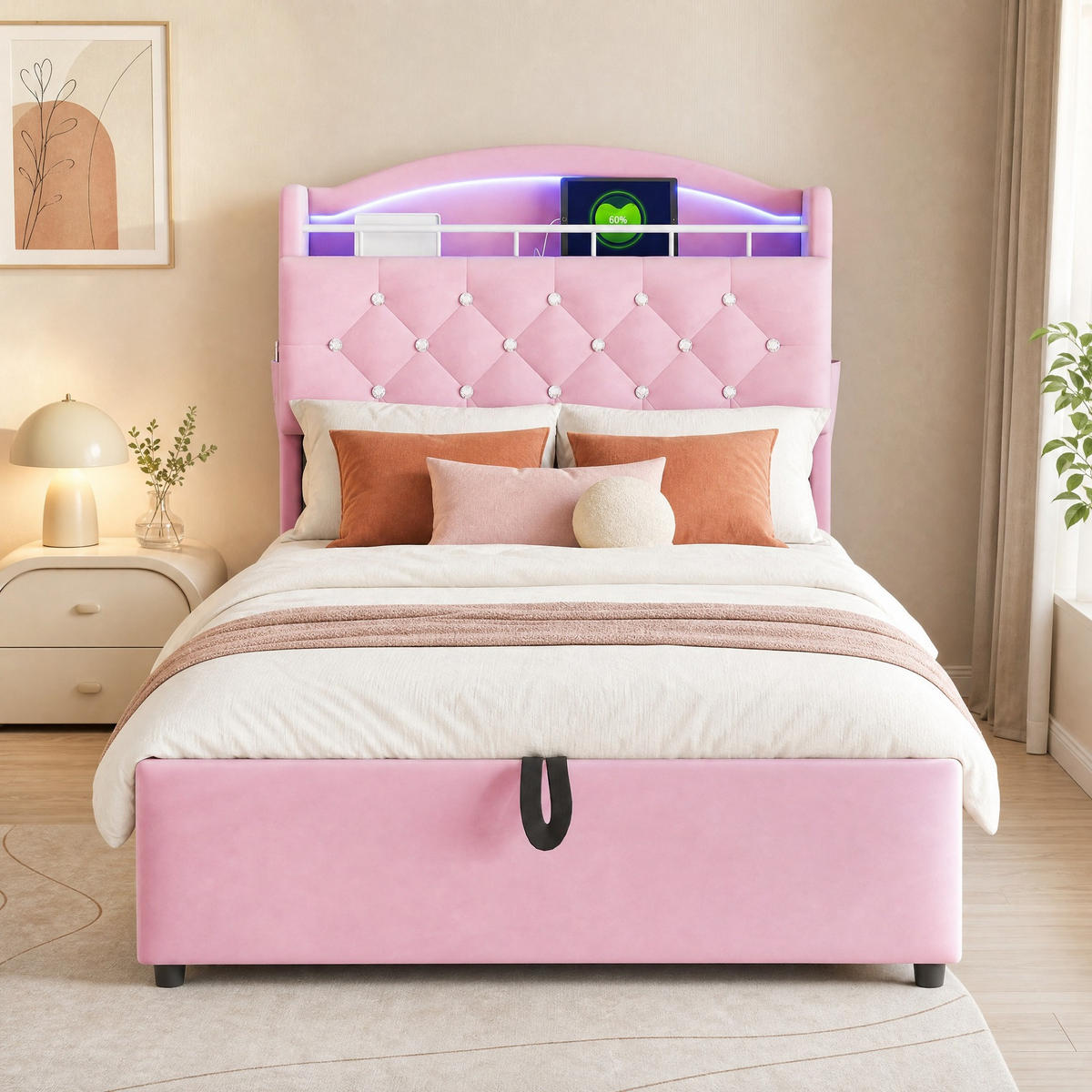 POLSTERBETT 90/200 mit LED, USB und Stauraum in Rosa - Rosa, Holzwerkstoff/Textil (90/200cm) - EVRYAE
