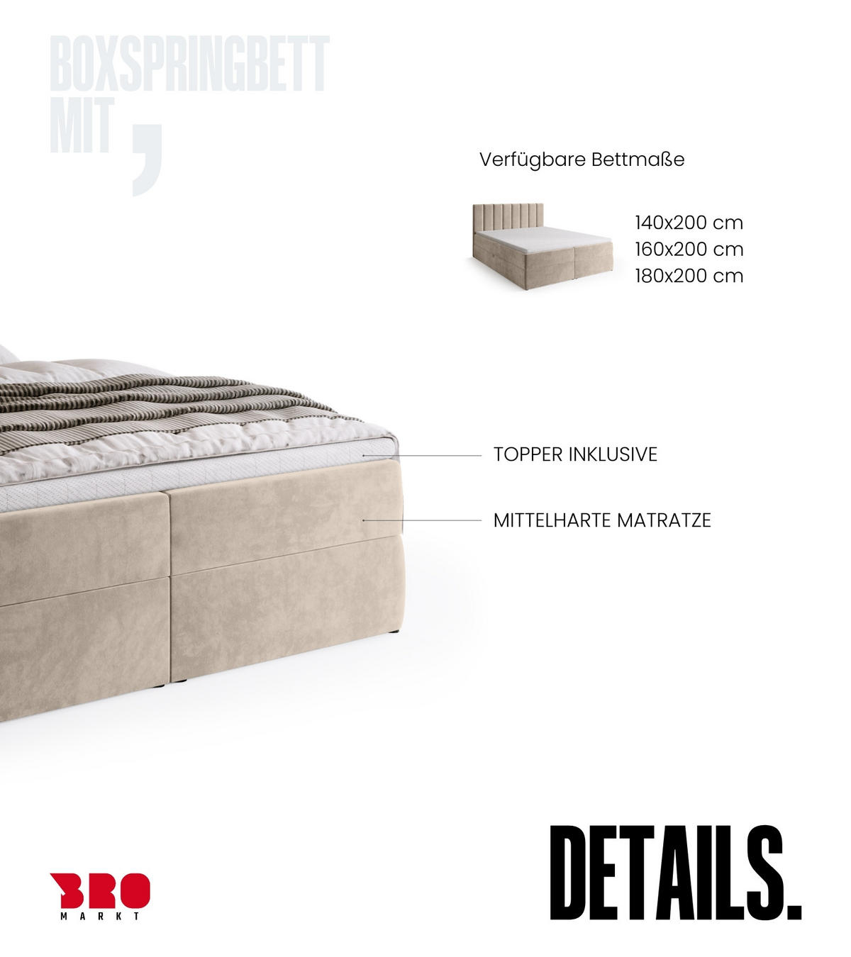 BOXBETT DENVER mit Topper 140x200 Beige - Ecru, Textil (140/200cm) - Bromarkt