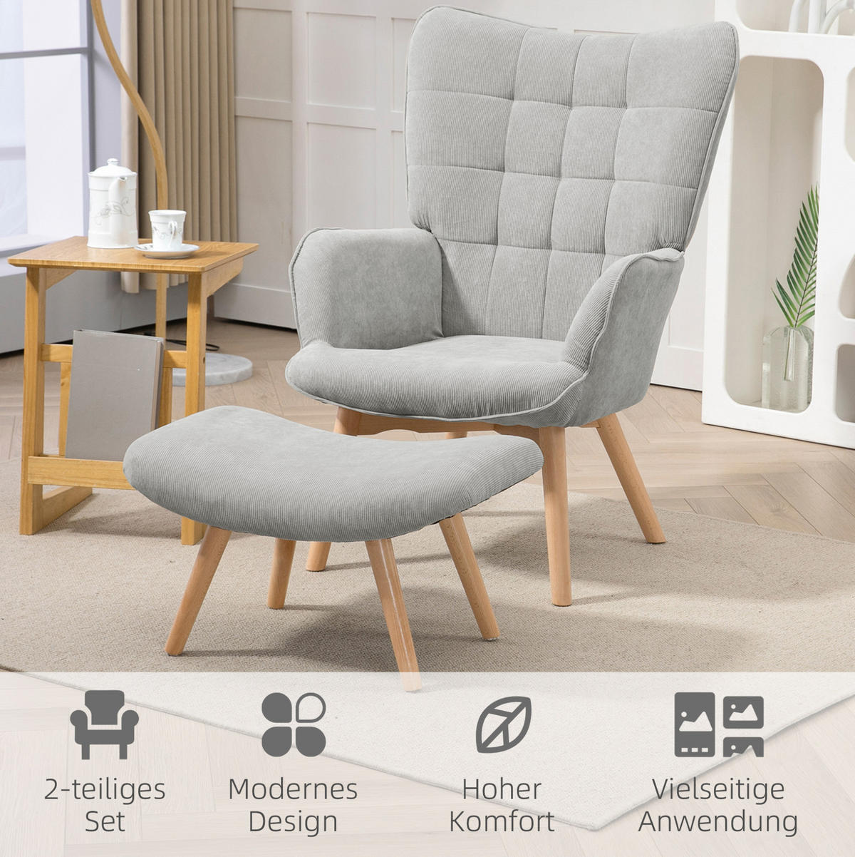 OHRENSESSEL Set Polyester mit Hocker, Holzbeinen 72/80/101 cm Grau - Grau, Textil (72/101/80cm) - Redom