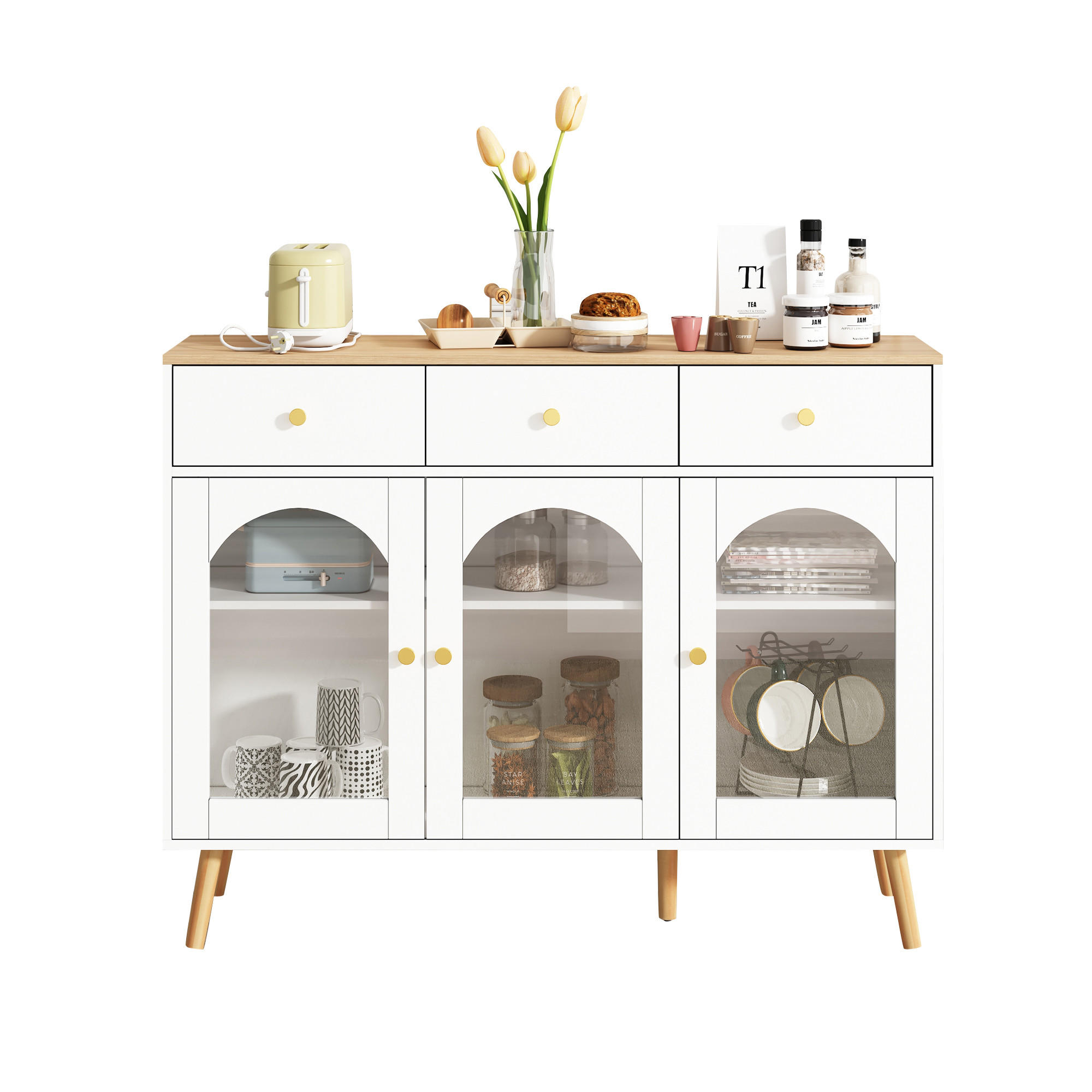 SIDEBOARD mit Glasfront und Schubladen Weiß/Eiche - Weiß, Glas/Holzwerkstoff (34/94/120cm) - Urban Meuble