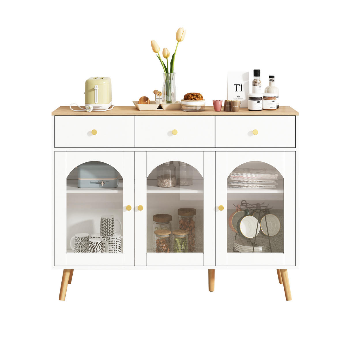 SIDEBOARD mit Glasfront und Schubladen Weiß/Eiche - Weiß, Glas/Holzwerkstoff (34/94/120cm) - Urban Meuble