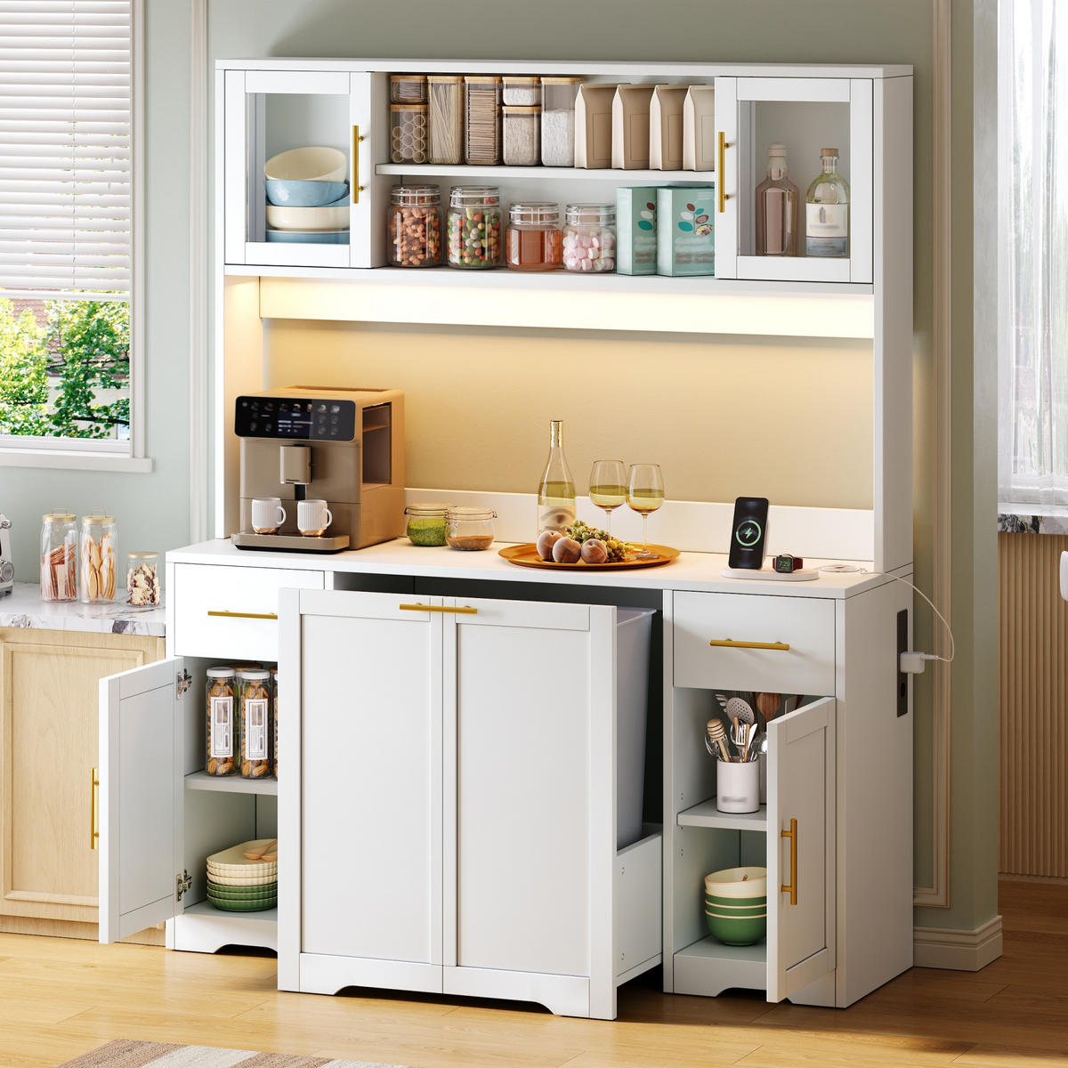 KÜCHENBUFFET 140x40x173 cm, 2 Schubladen, ausziehbarer Müllschrank, LED-Beleuchtung, 2 USB-Anschlüsse, Glastüren, verstellbare Einlegeböden, Weiß - Weiß, Holzwerkstoff (140/173/40cm) - FOHERE