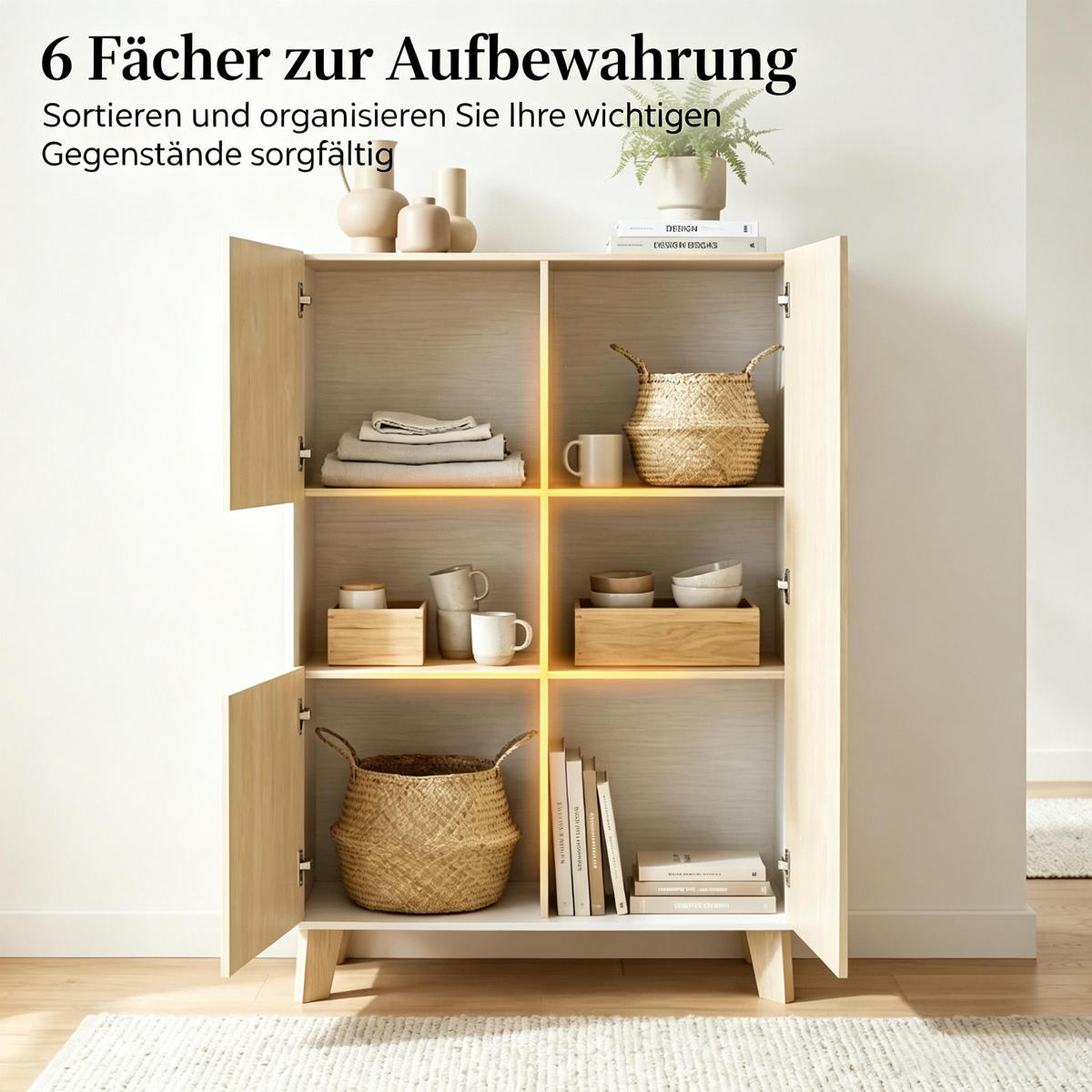 HIGHBOARD DE-38830 80/40/135 cm 5 Fächer und Soft-Close-Türen Naturholz/Weiß - Eichefarben, Holzwerkstoff (80/135/40cm) - ComfortXL