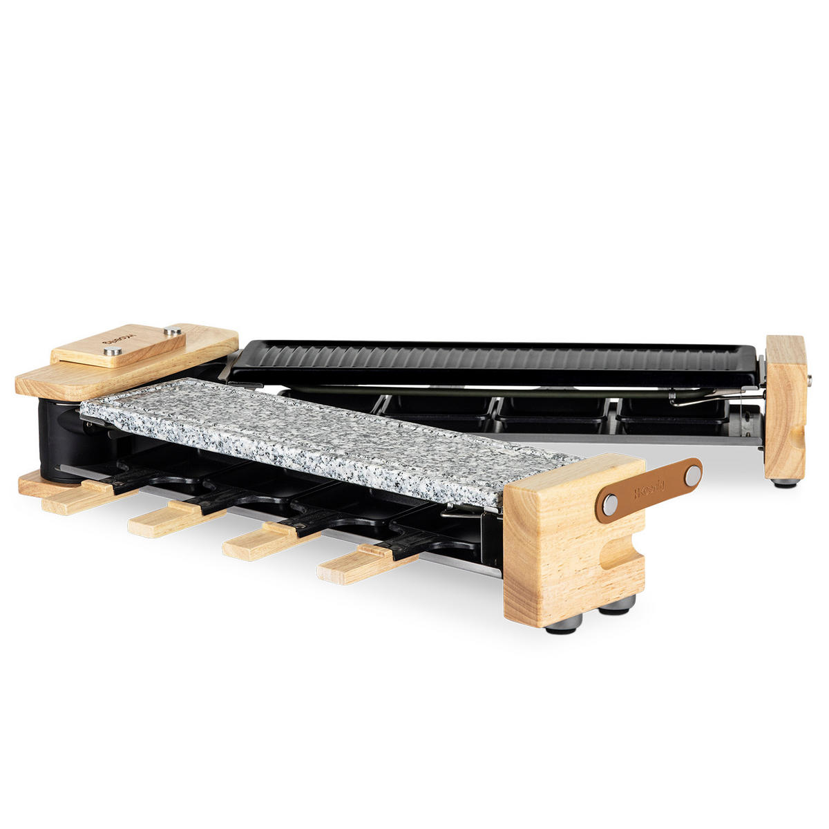 RACLETTE-GERÄT WOD360, Grau und Schwarz, Holzausführung, Stein und Grill, 8 Pfannen und 8 Pfannenwender aus Holz - Zirbelkieferfarben, Holz (23.1/12.4/56.5cm) - HKoenig
