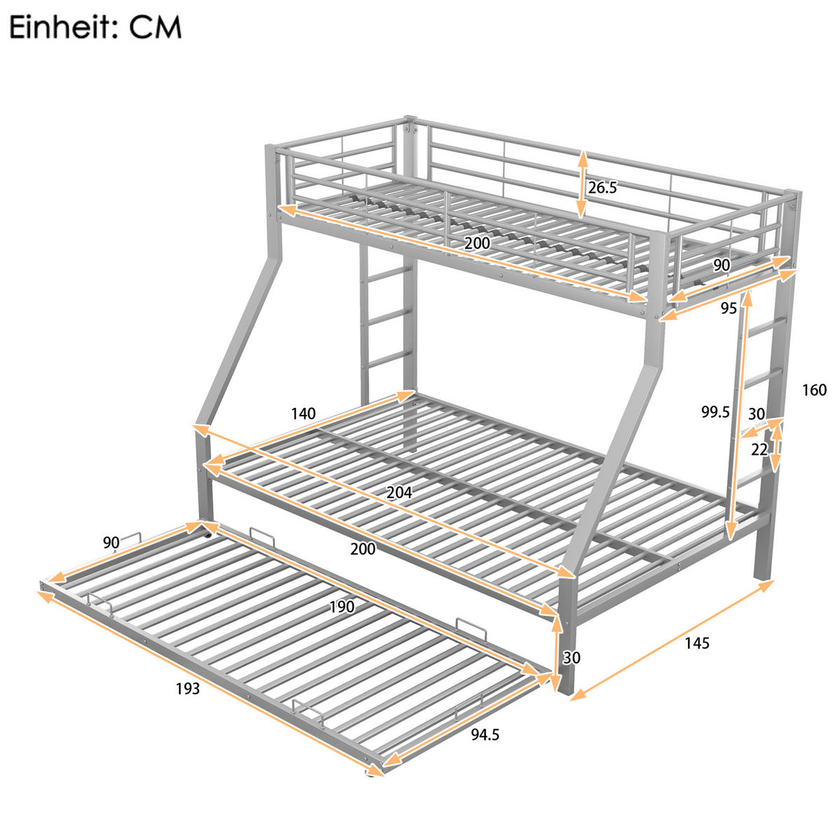 ETAGENBETT 90/190 cm aus Metall mit ausziehbarem Bett und Sicherheitsleitern - Silberfarben, Metall (90/190cm) - OKWISH