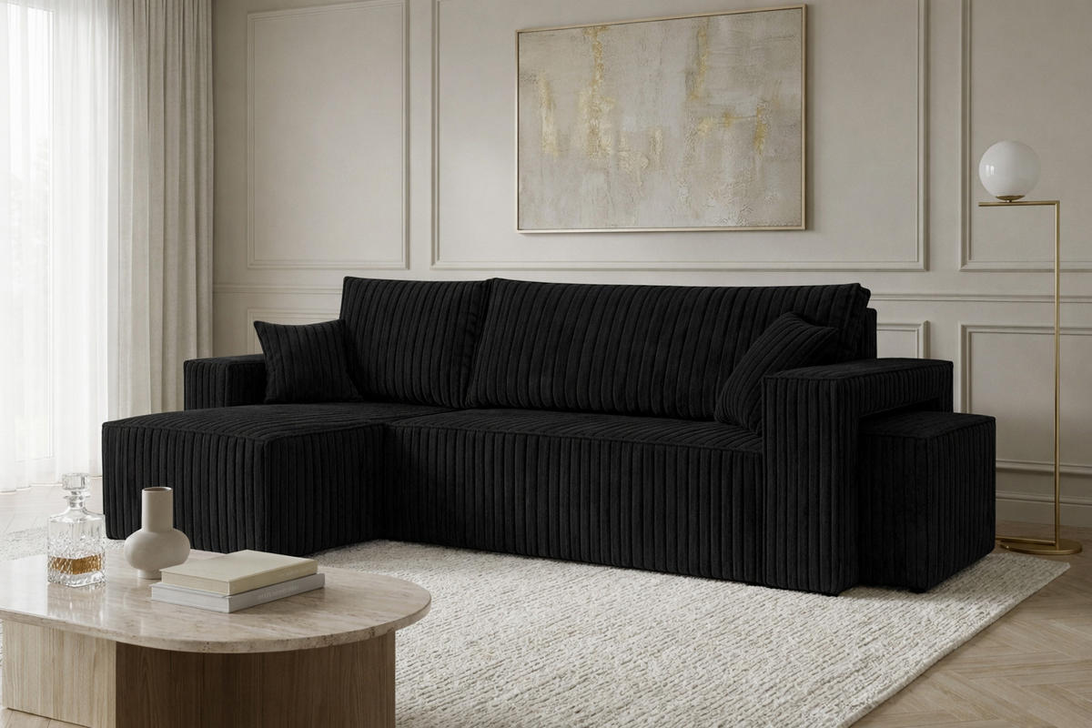 ECKSOFA Mit Schlaffunktion Und Pouf, Cordstoff Tilia, Schwarz, Links, Best L Mit Pouf - Schwarz, Holz (244/145cm) - Kaiser Möbel
