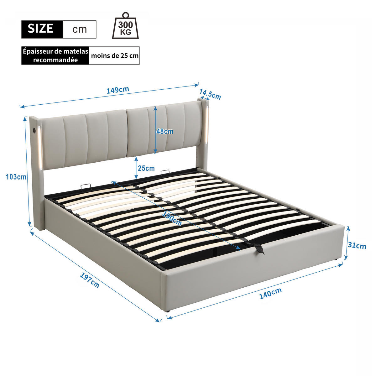 POLSTERBETT 140/190 cm Grau mit hydraulischem Bettkasten und LED-Beleuchtung - Grau, Kunststoff (140/190cm) - OKWISH
