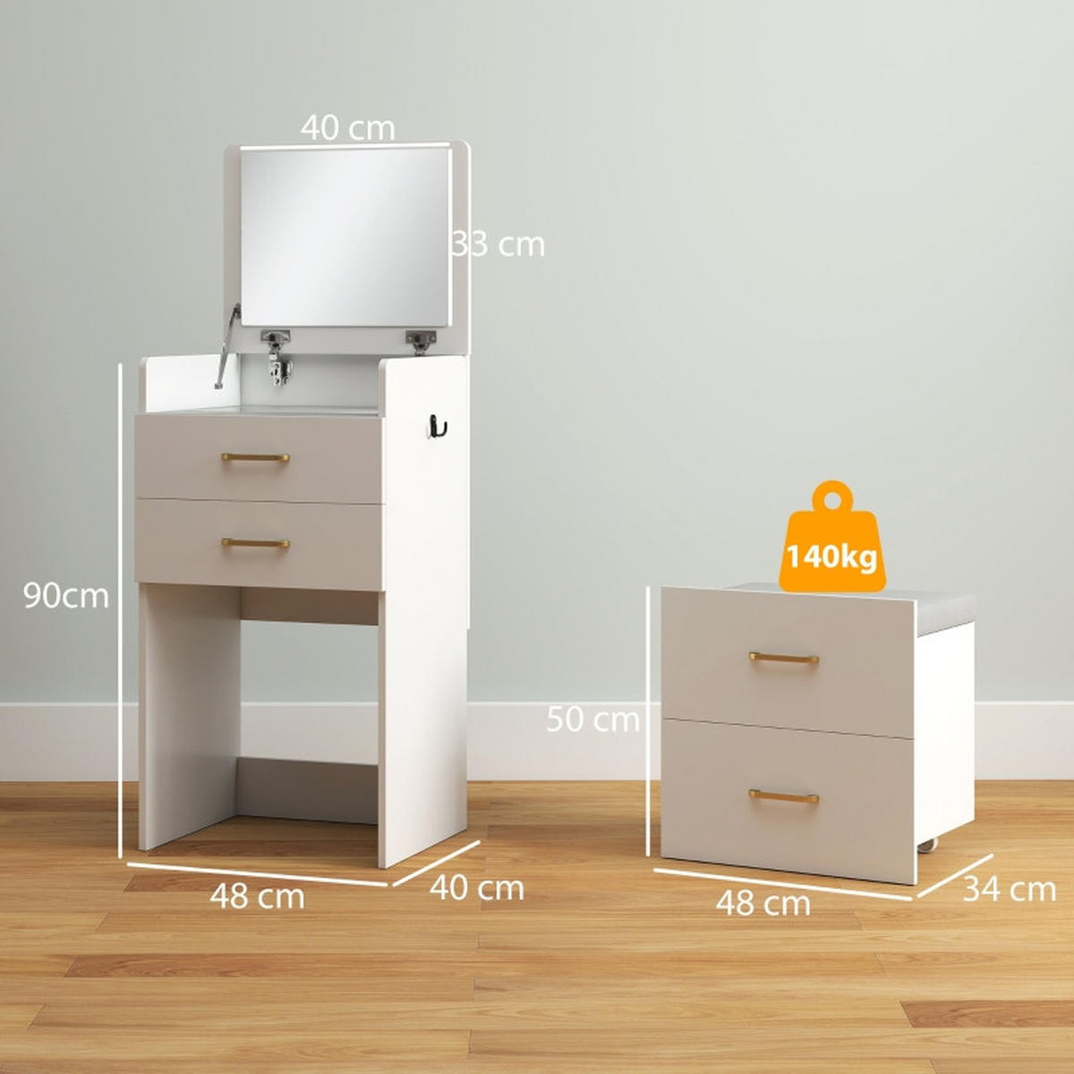 SCHMINKTISCH 48/40/90 cm 3-in-1 Weiß mit Spiegel und Rollhocker mit Stauraum - Weiß, Holzwerkstoff (40/90/48cm) - OKWISH