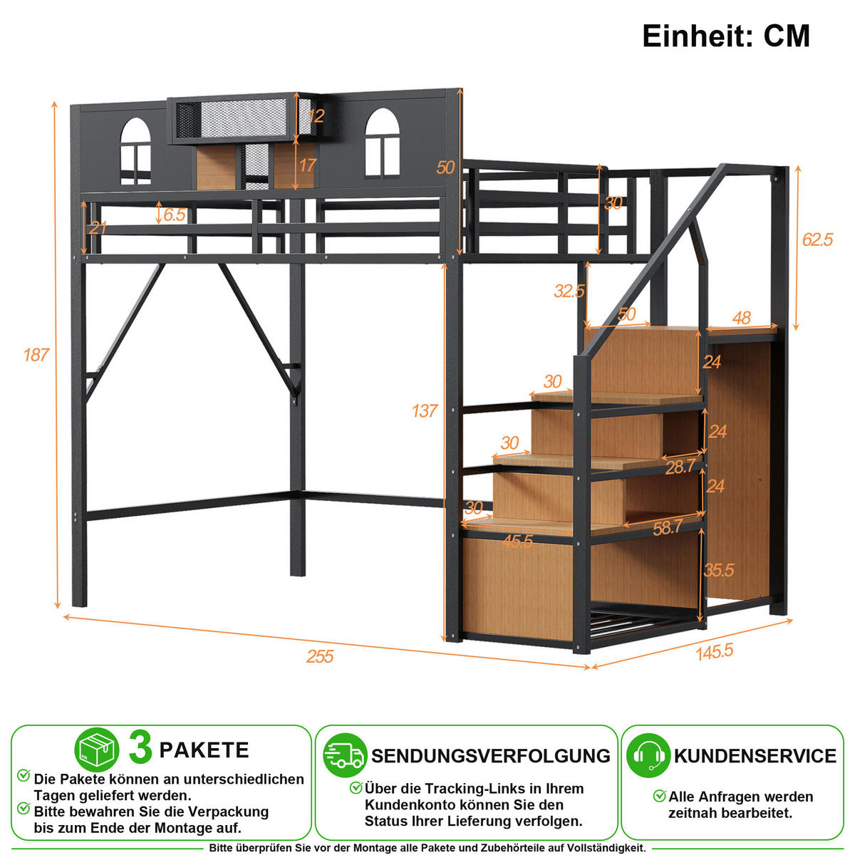 HOCHBETT 140/200 cm in Schwarz mit Stauraumleiter, Ablage und Netzgewebe - Schwarz, Holzwerkstoff/Metall (140/200cm) - CHICFURN
