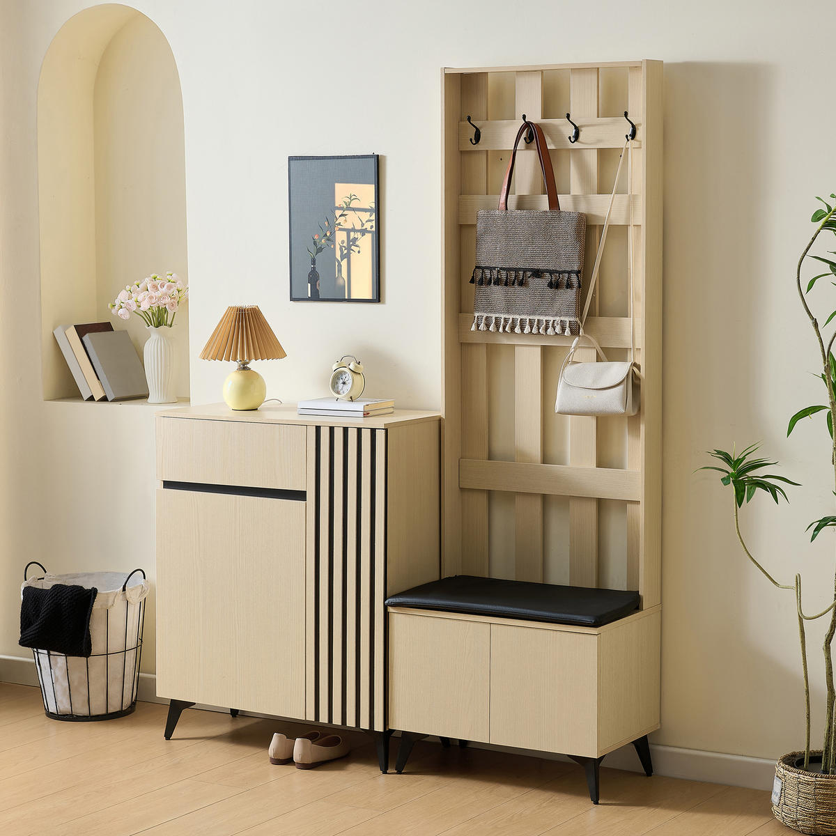 GARDEROBE Set Sitzbank Schuhschrank Sideboard Modern Flur Weiß - Naturfarben, Holzwerkstoff (60/179.5/35cm) - FLIEKS
