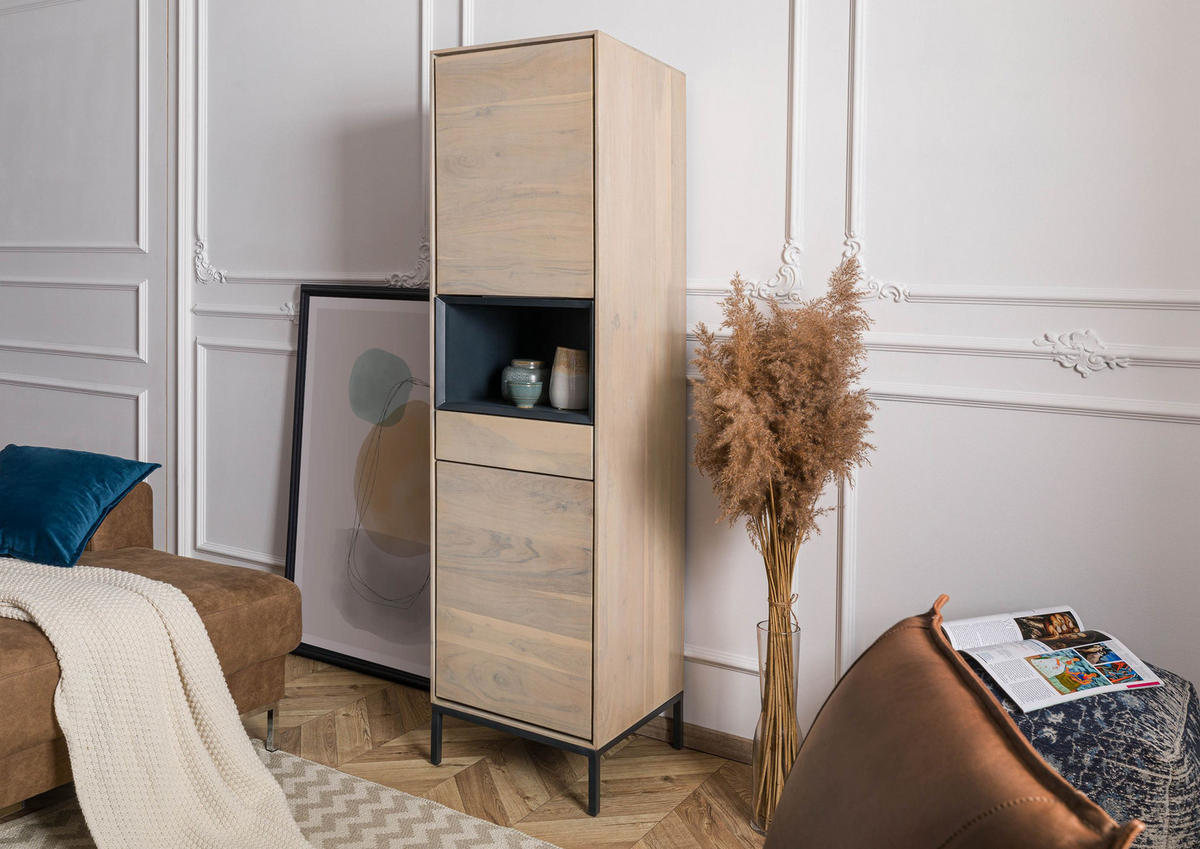 HIGHBOARD Akazie 45x45x175 grau-weiß geölt CHICAGO #10 - Braun, Holz (45/175/45cm) - Massivmoebel24