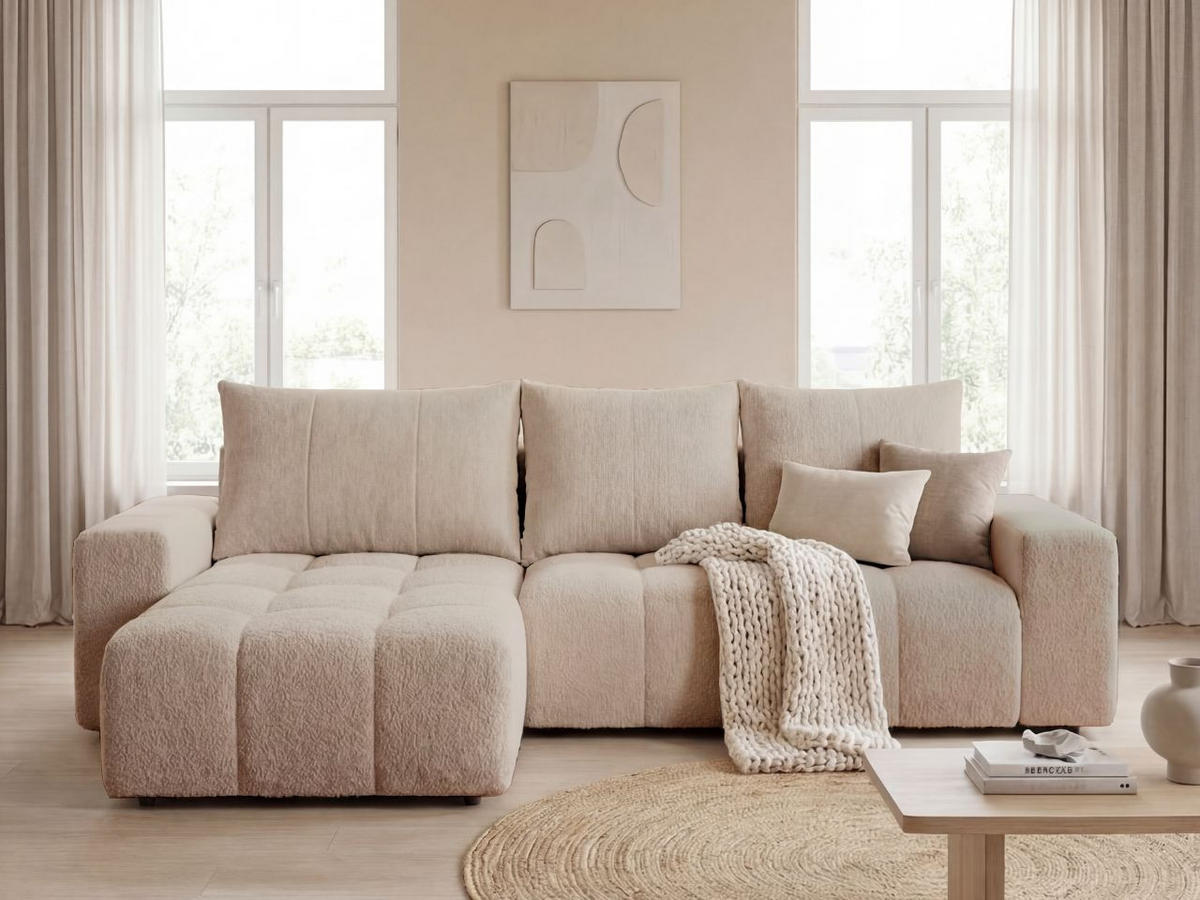 ECKSOFA Bresso Bouclé-Stoff Beige - Beige, Holz/Textil (255/168cm) - Graingold