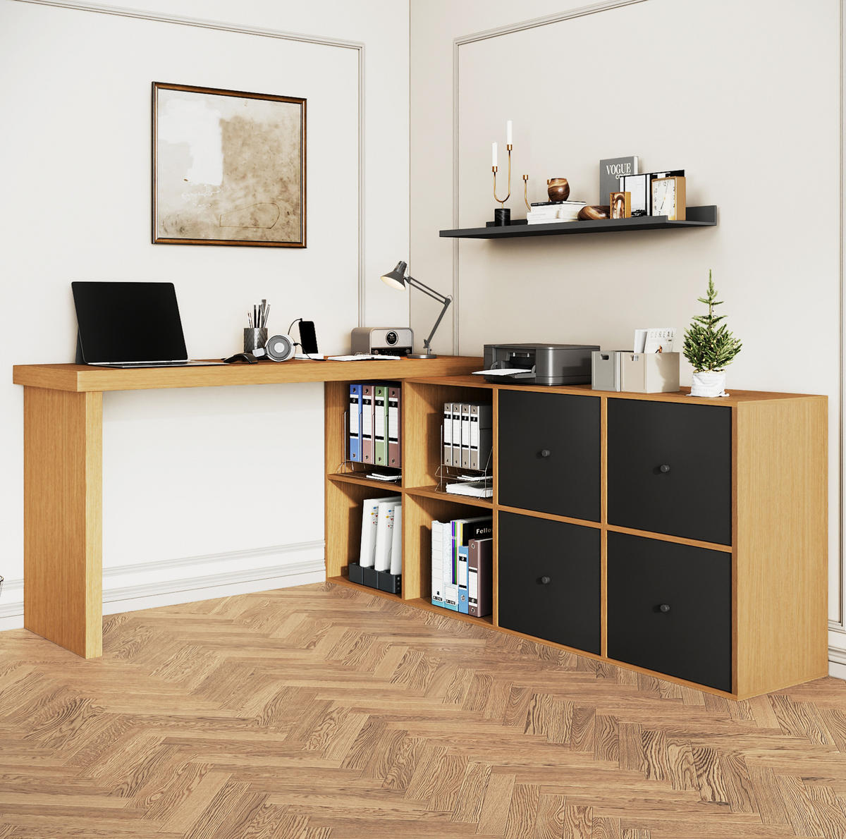 ANRICHTE 120/48/78 cm in Schwarz/Eiche mit 360° Drehfunktion und 8 Fächern - Eichefarben, Holzwerkstoff (140/74/35cm) - Flora Grace