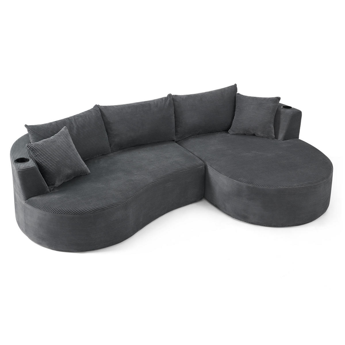3-SITZER Sofa mit Getränkehaltern, Kissen und weichem Kordstoff, Grau - Grau, Kunststoff (264/76/168cm) - Redom