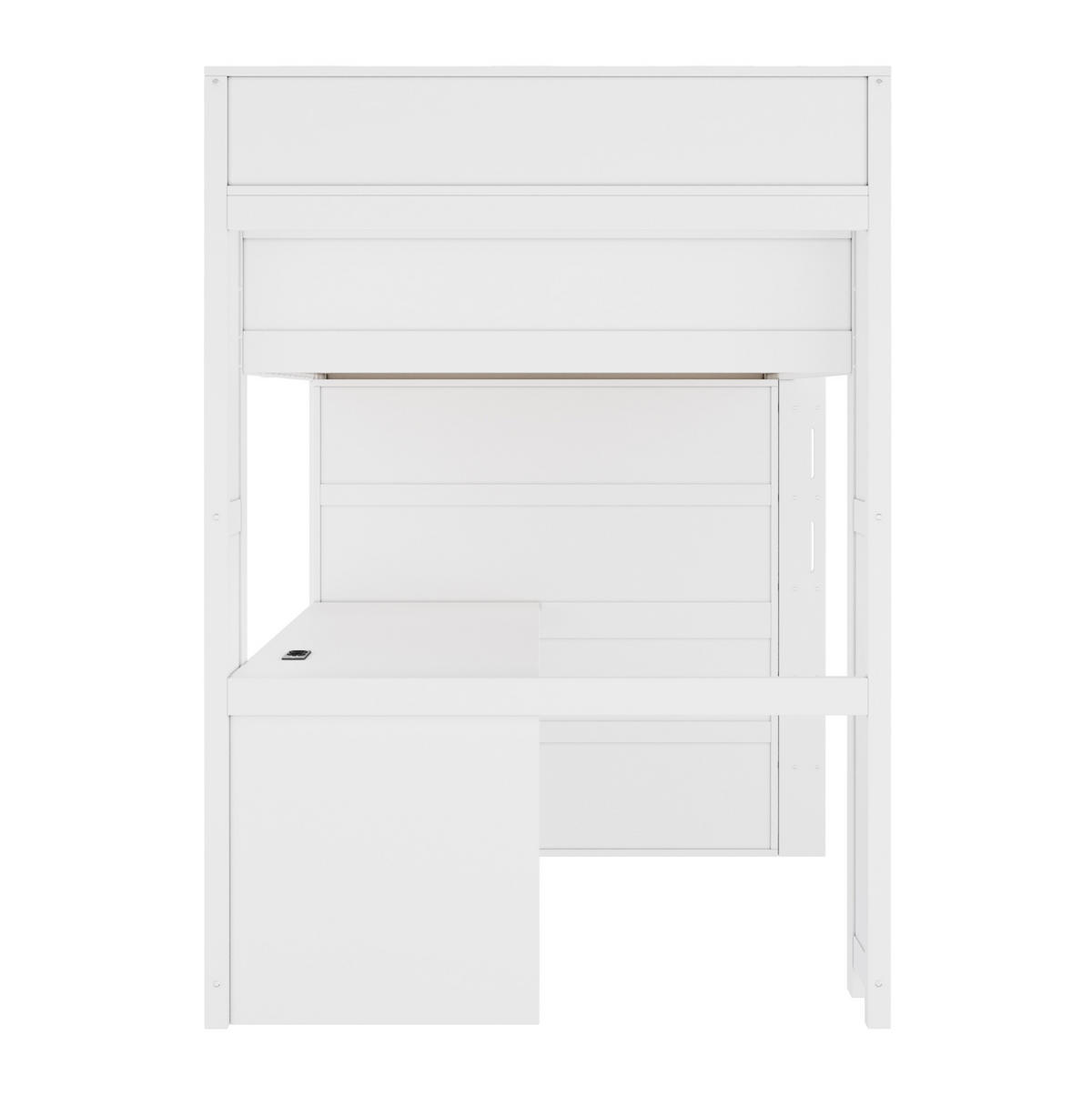 HOCHBETT aus Kiefernholz 90x200 cm Weiß mit Schreibtisch, Kleiderschrank, LED-Beleuchtung und USB-Anschluss - Weiß, Holzwerkstoff (90/200cm) - Modfu
