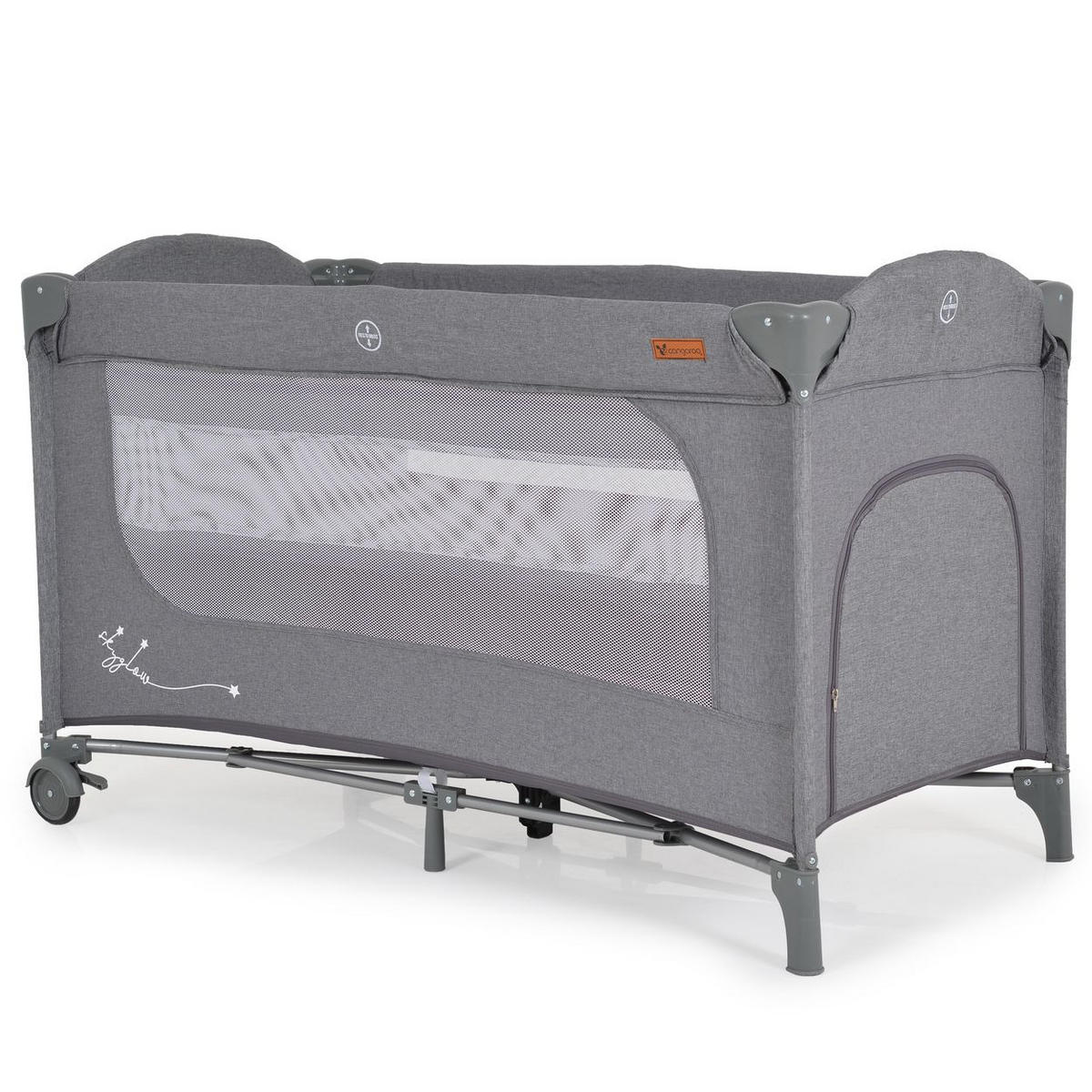 REISEBETT Skyglow 2 Ebenen grau Räder Matratze Seiteneingang Tasche Bremsen - Grau, Kunststoff (60/120cm) - Cangaroo