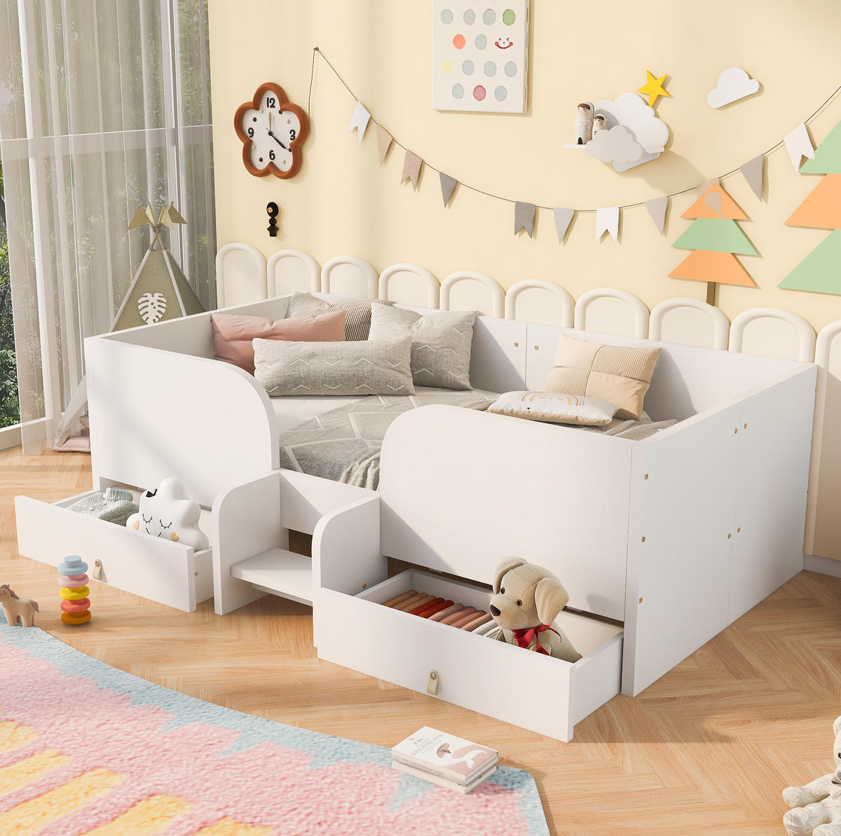 KINDERBETT aus Sperrholz und MDF 90x200 cm Weiß mit Schubladen und Sicherheitsleiter - Weiß, Holzwerkstoff (90/200cm) - Modfu