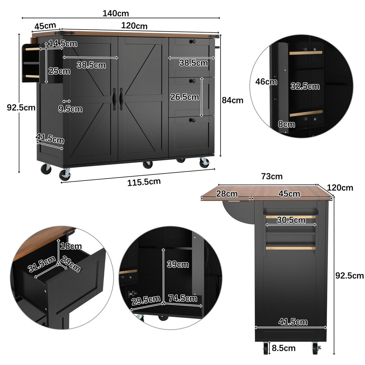 KÜCHENINSEL 140/45/92,5 cm schwarz aus MDF mit Klappplatte - Schwarz, Holzwerkstoff (140/92.5/45cm) - OKWISH