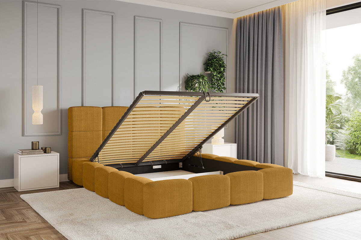 POLSTERBETT mit Bettkasten und Lattenrost, Bett mit Matratze H3/H4, Kopfteil, Boxbett, Doppelbett mit Stauraum - NATA 120x200 Senfgelb - Kupferfarben, Holzwerkstoff/Textil (120/200cm) - ALTDECOR