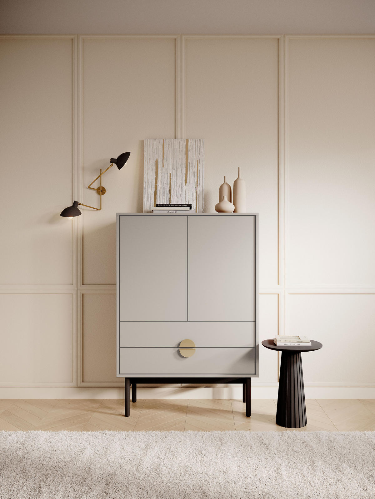 HIGHBOARD Stoon Grau-Beige 85 cm - Greige/Goldfarben, Holzwerkstoff/Metall (85/124/38cm) - Selsey