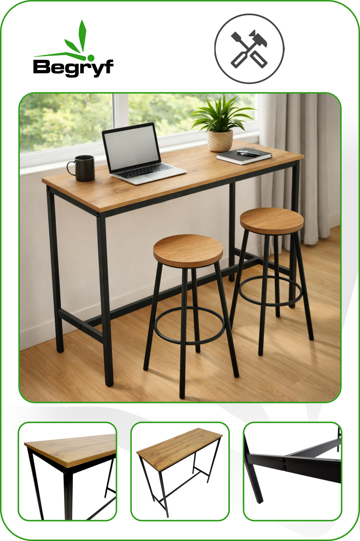 BARTISCH Holzoptik Metall Erlefarben Schwarz Küchentisch 100×40×90 cm - Erlefarben/Schwarz, Holzwerkstoff/Metall (40/100/90cm) - Begryf