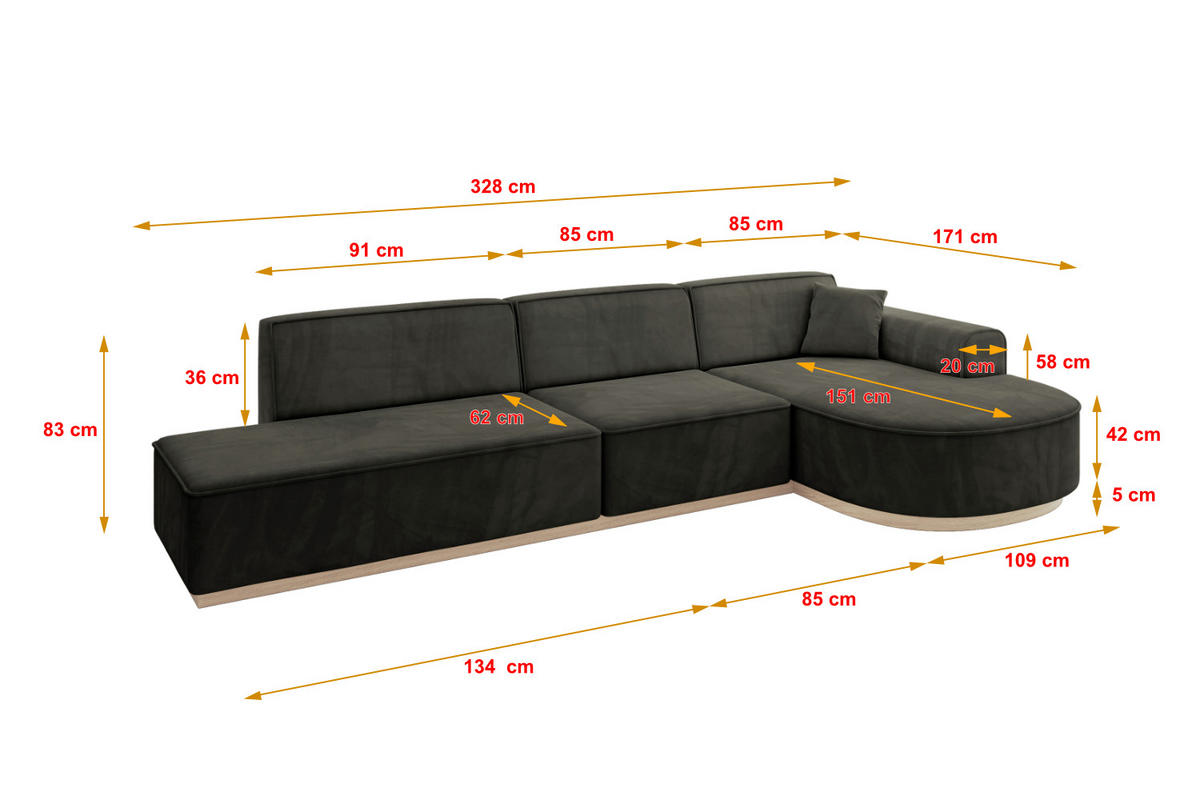 ECKSOFA Ottomane Rechts ARRIO-L2 - 328x171x83 cm Schwarz - Schwarz, Holzwerkstoff/Textil (328/171cm) - ALTDECOR