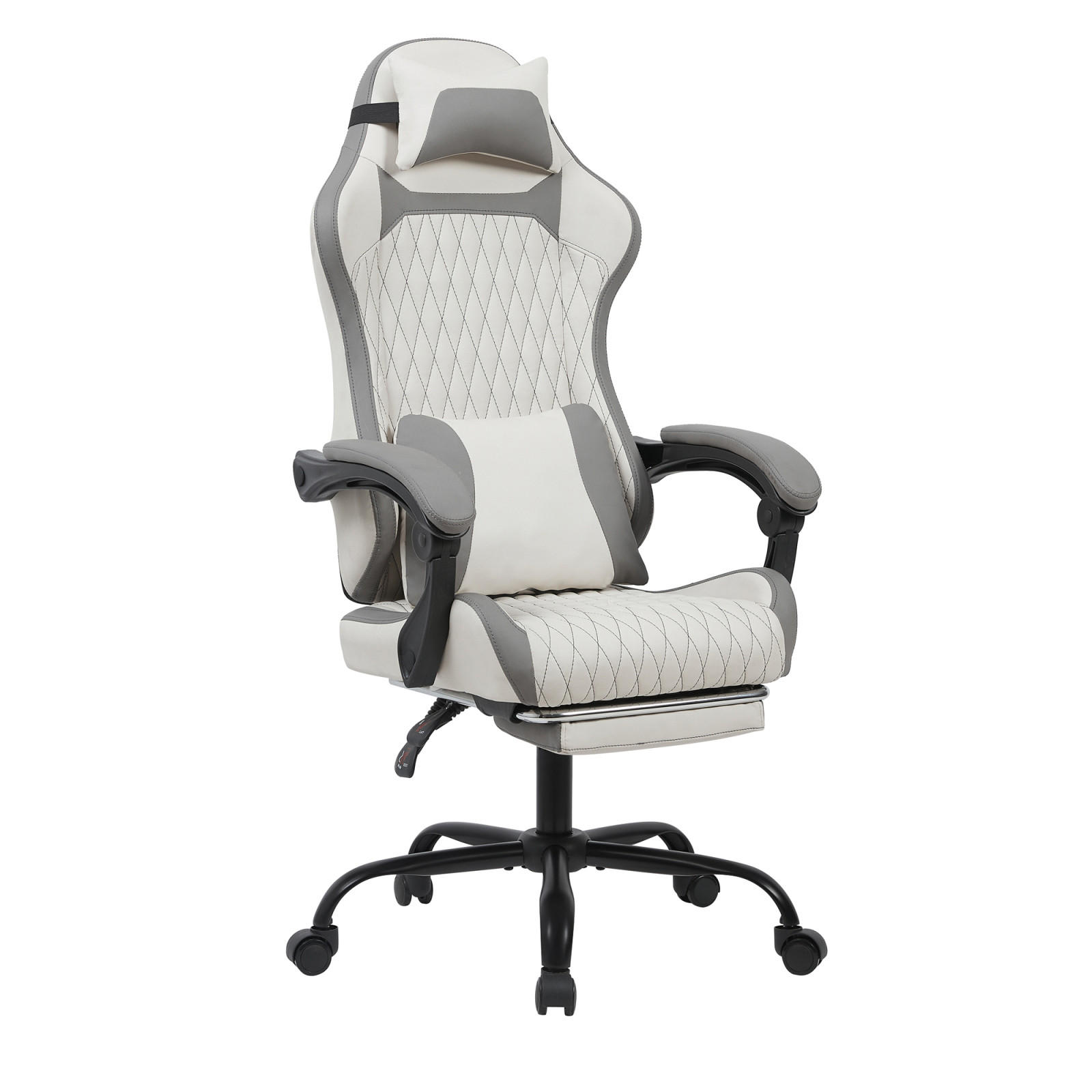 GAMING-STUHL weiß mit Rautensteppung, Fußstütze, Nacken- und Lendenkissen, höhenverstellbar - Weiß, Leder (54/124/62cm) - BRILVERDE