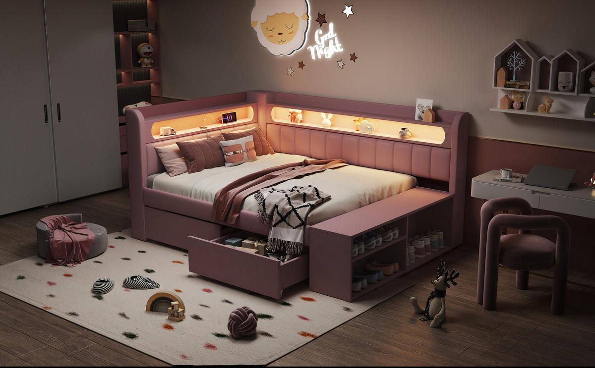 TAGESBETT 90x200 cm mit LED-Beleuchtung, USB-Anschluss, zwei Schubladen und Schuhschrank, gepolstert, rosa - Rosa, Holzwerkstoff (90/200cm) - Luhomfu