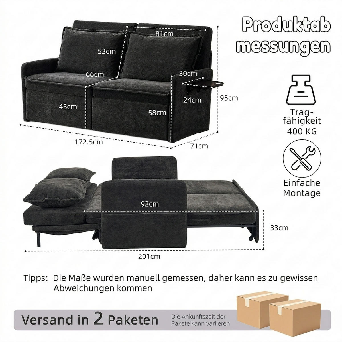 SCHLAFSOFA 172.5/71/95 cm Schwarz mit USB-Anschluss, 5-fach verstellbarer Rückenlehne und Stauraum - Schwarz, Textil (71/95/172.5cm) - Oxeza