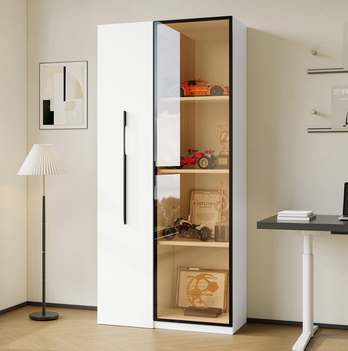 VITRINE 70/40/160 cm aus MDF mit ausziehbarem Bücherregal und LED-Beleuchtung Weiß - Weiß, Holzwerkstoff (70/160/40cm) - Modenvie