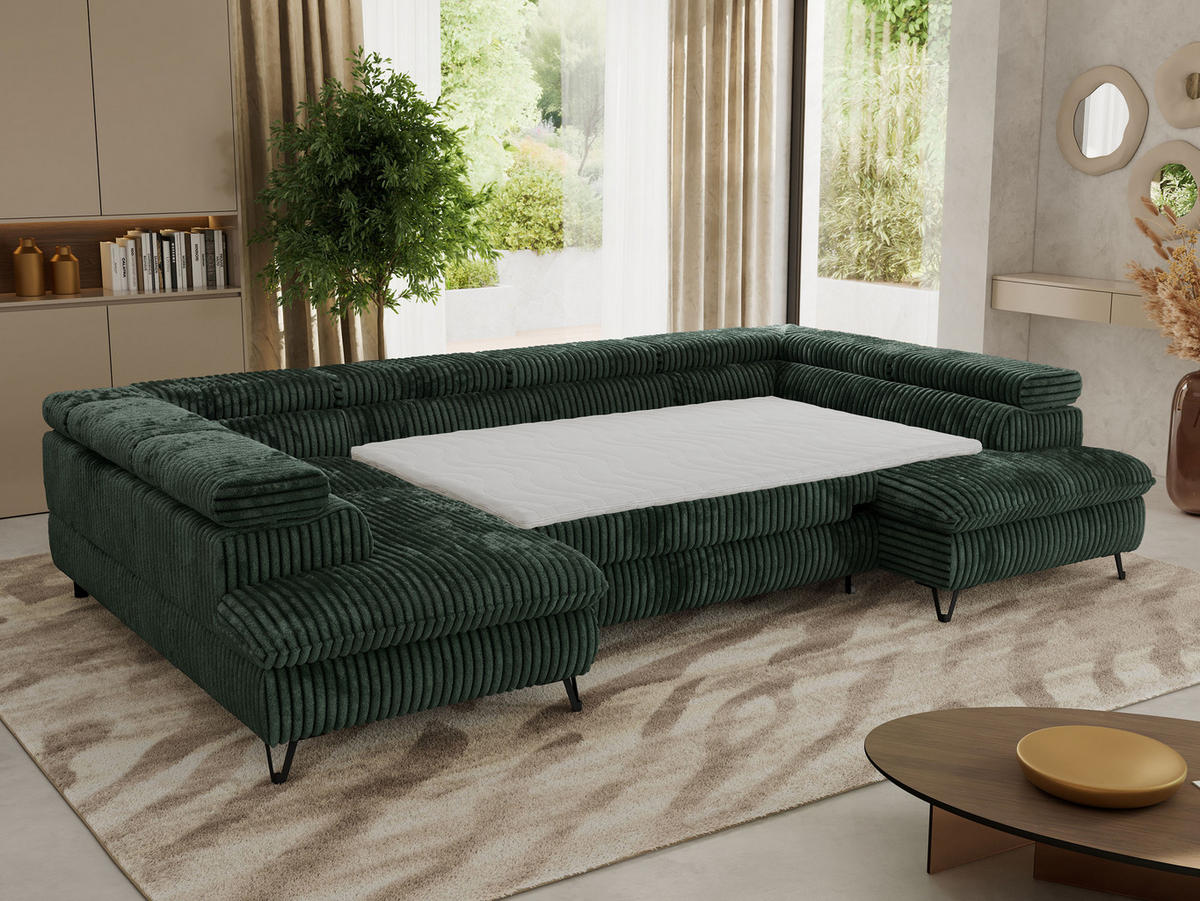 WOHNLANDSCHAFT PABLO U Cord Dunkelgrün mit Topper T25 - Schwarz/Grün, Textil/Metall (346/76/208cm) - MKS