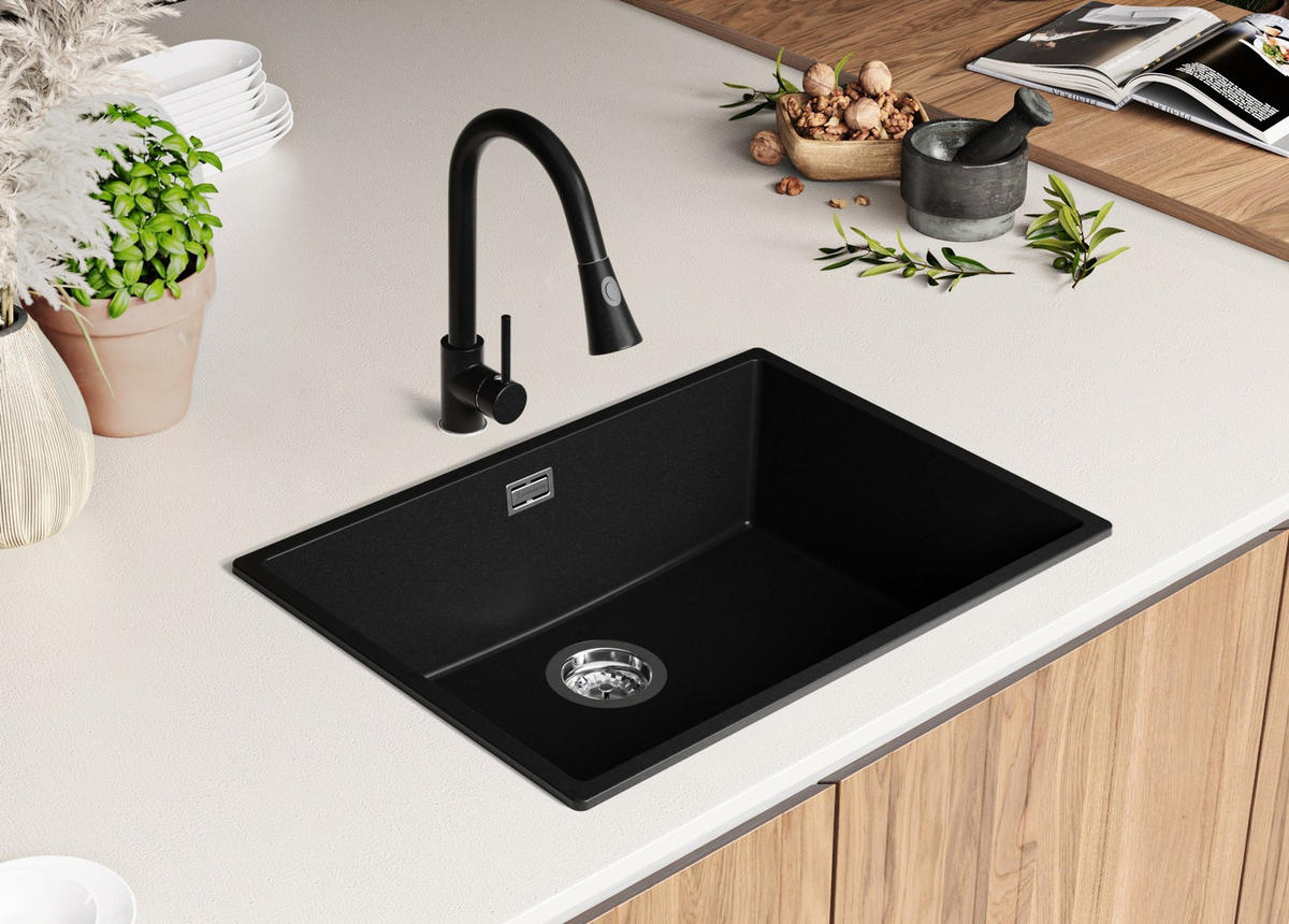 SPÜLBECKEN London Slim, 2-er set Alles Schwarz 66/47 cm 1 Becken + Ablauf-Set ab 70er Unterschrank - Schwarz, Kunststoff (66/20/47cm) - Primagran